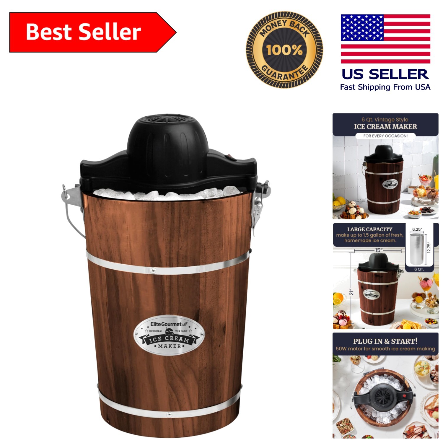 Old Fashioned Walnut Wood 6 Quart Electric Ice Cream Maker for Parties & Events
