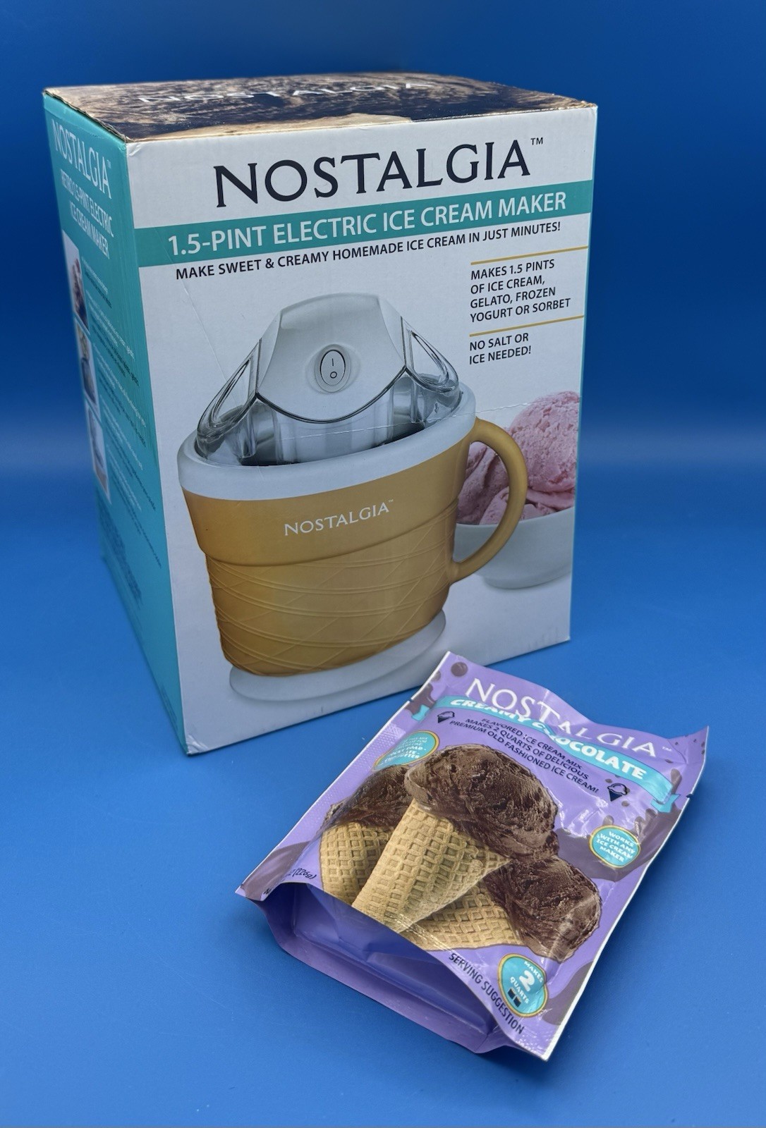 Nostalgia 1.5-Pint Electric Ice Cream Maker w/ 8 oz Creamy Chocolate Flavor Mix