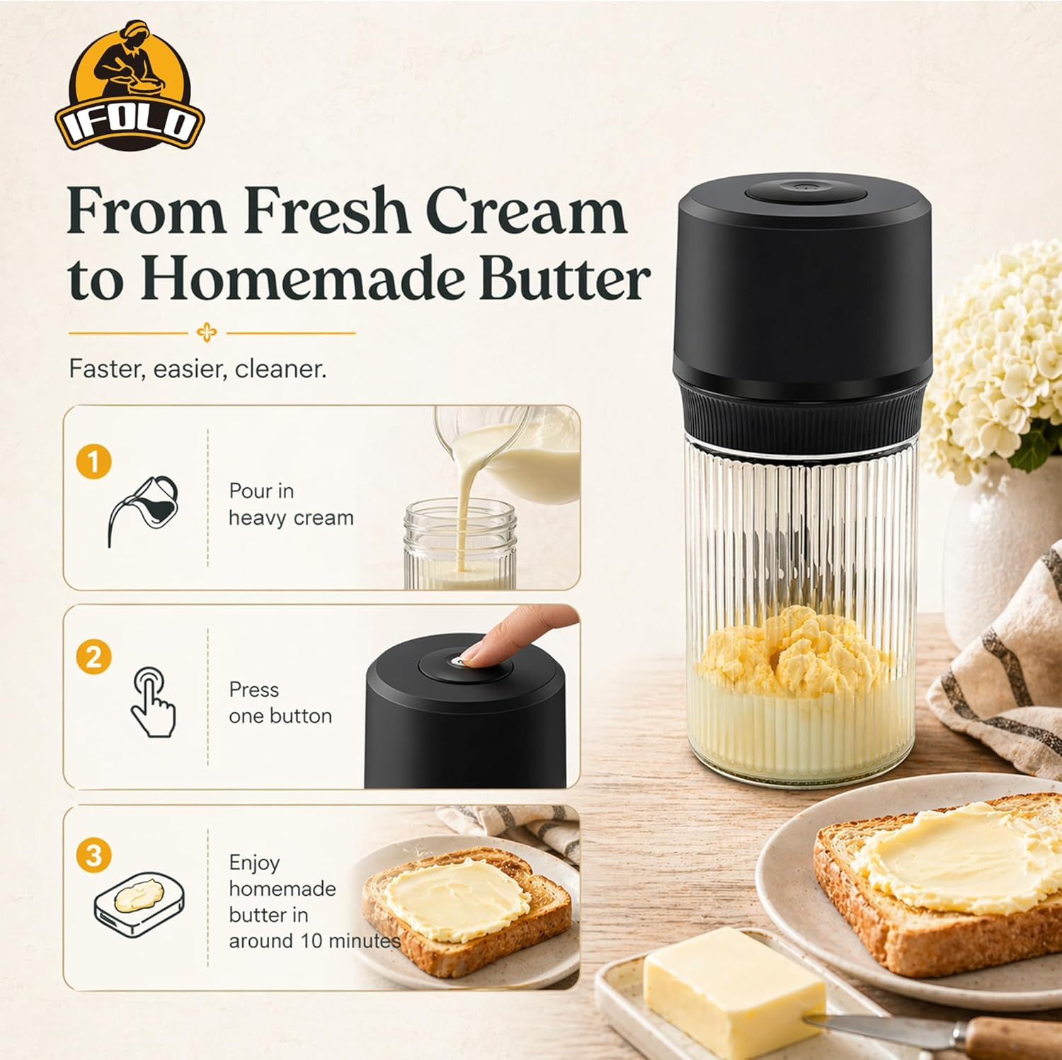 Electric Butter Churn – One-Touch Butter Maker in 5–10 Mins, 34Oz Glass Jar with