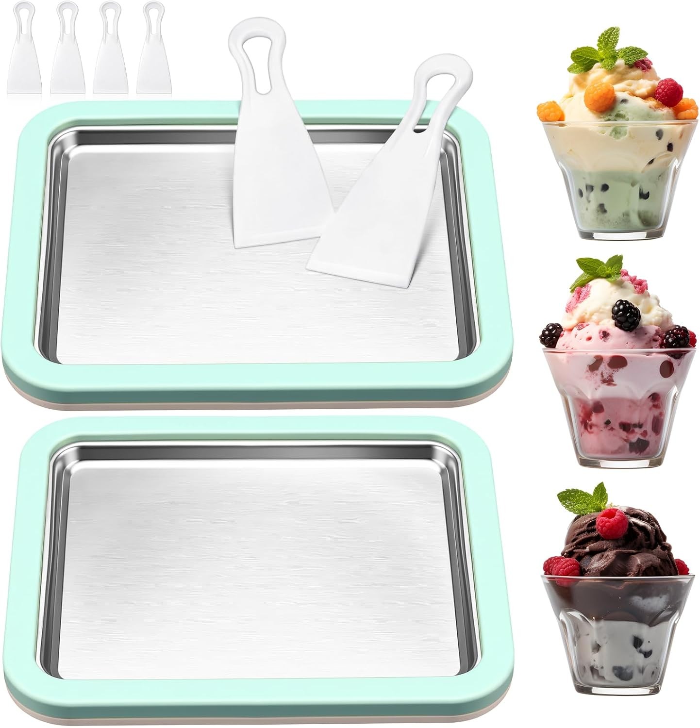 2 Sets Rolled Ice Cream Maker Rolled Ice Cream Tray with 2 Scrapers Instant