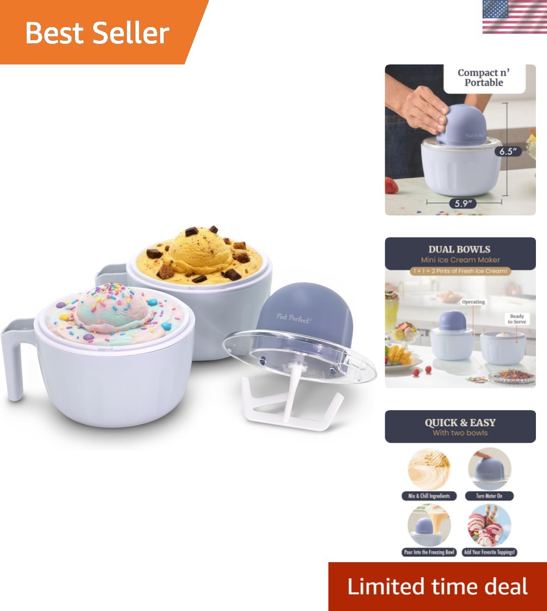 Americana by Elite Pint Perfect Ice Cream Maker, 2 x 1 Pint Capacity Dual Fre…