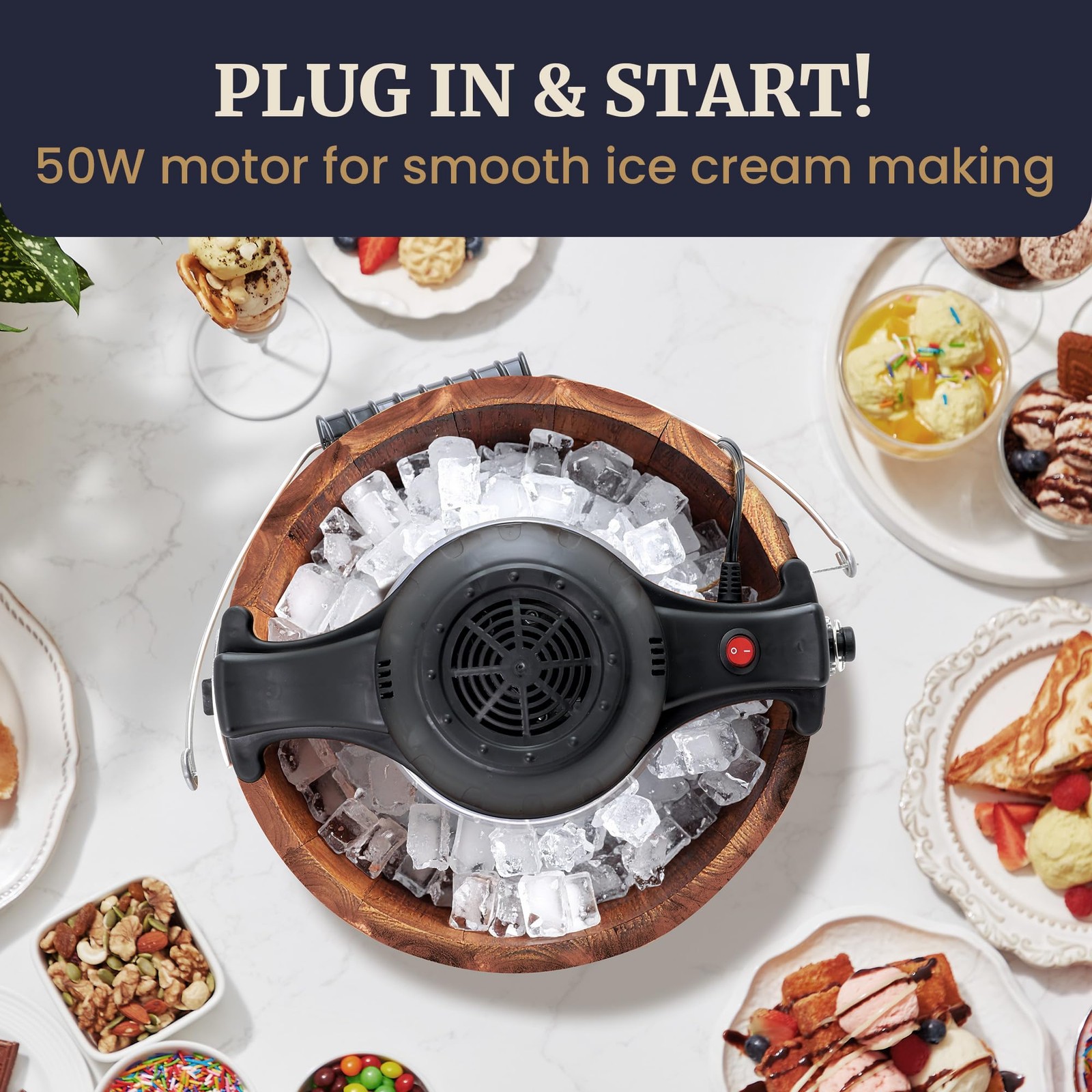Elite Gourmet EIM949 6Qt Old Fashioned Walnut Wood Bucket Ice Cream Maker