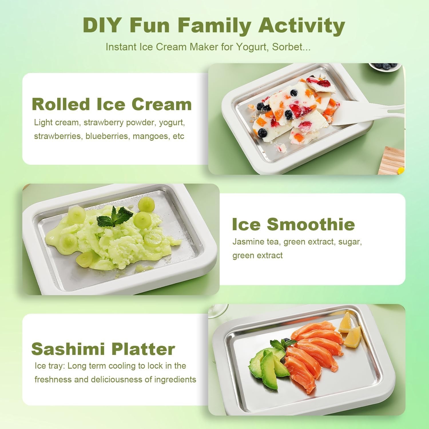 Stainless Steel At Home Rolled Ice Cream Maker Kit w/ 2 Scrapers and Tray Green