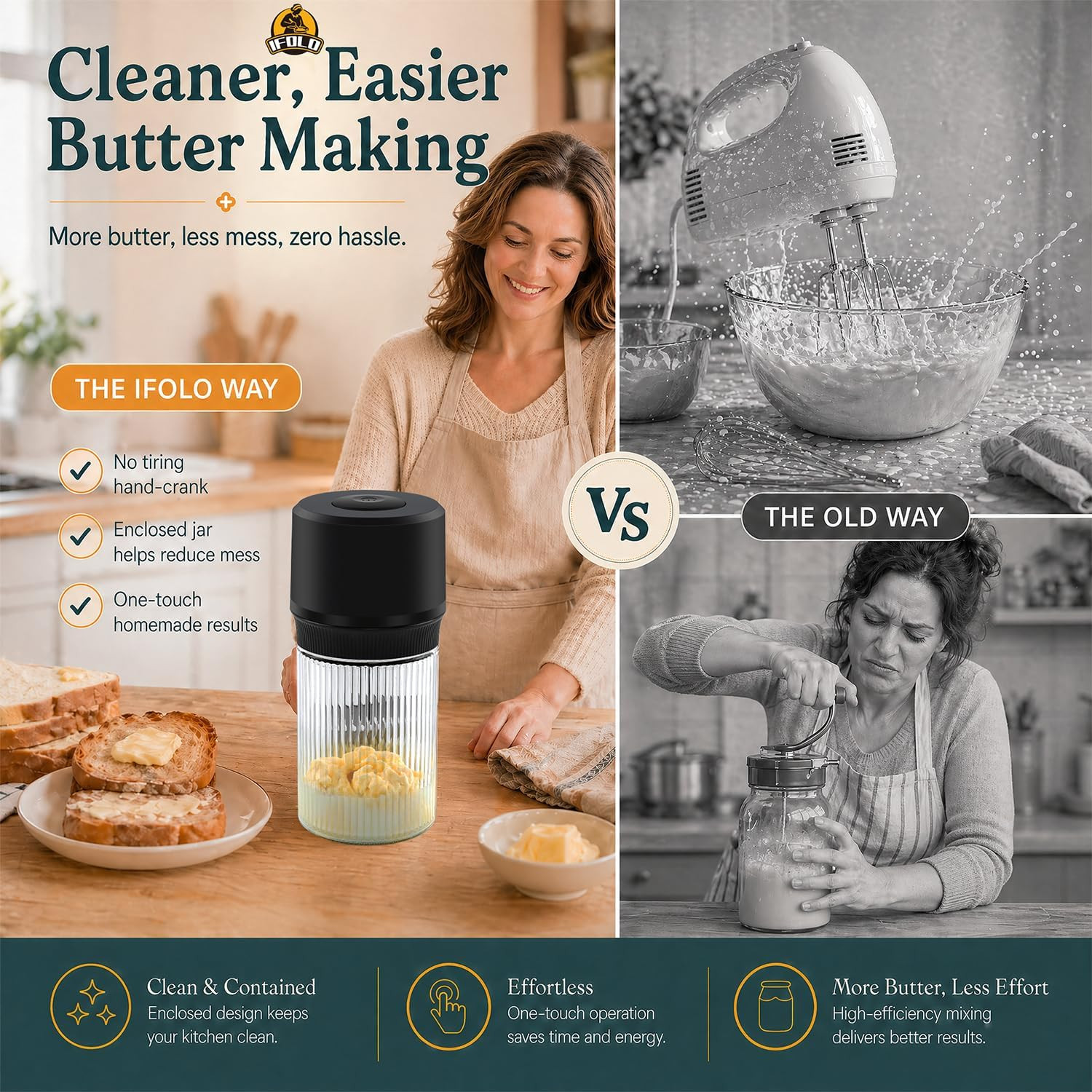 IFOLO Electric Butter Churn – One-Touch Butter Maker in 5–10 Mins, 34Oz Glass Ja