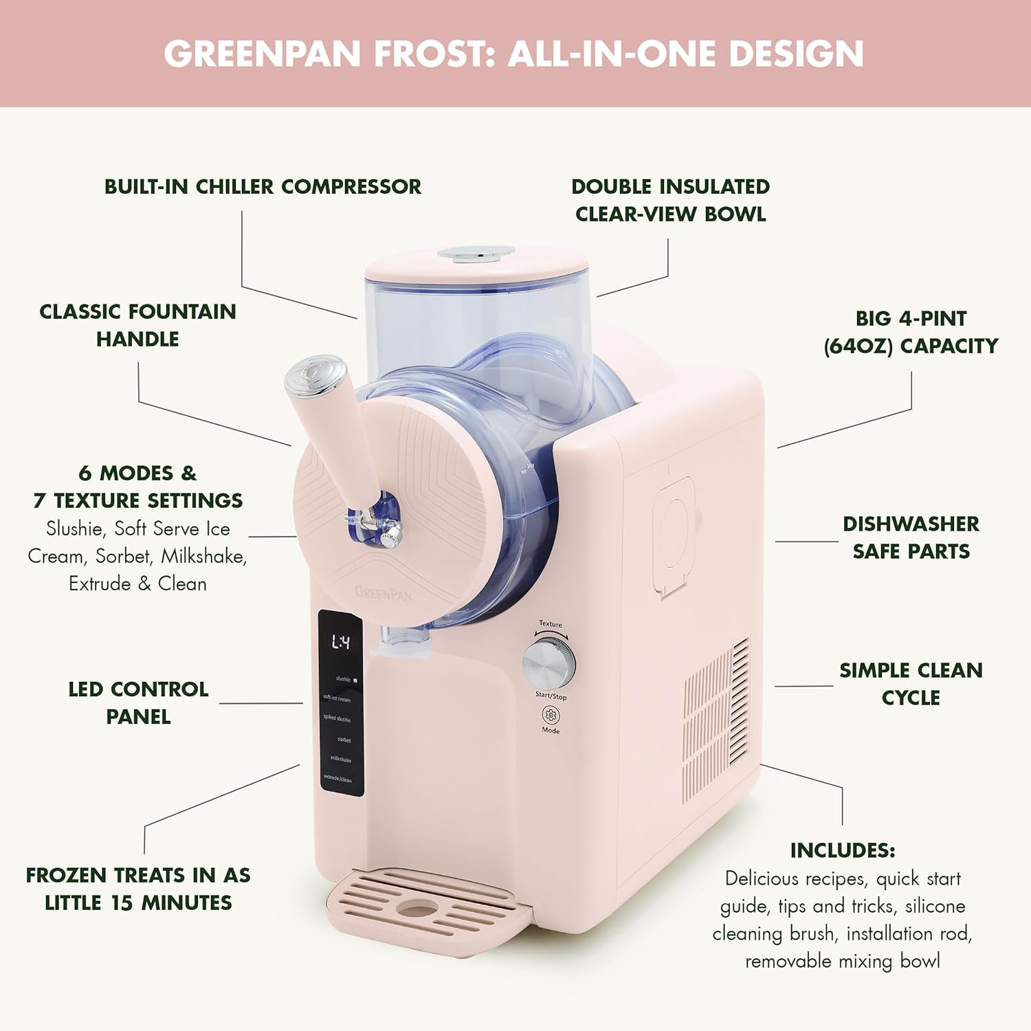 Frost Ice Cream & Slushie Maker – 6 Modes, Ready in 15 Mins, Family Size, Pink