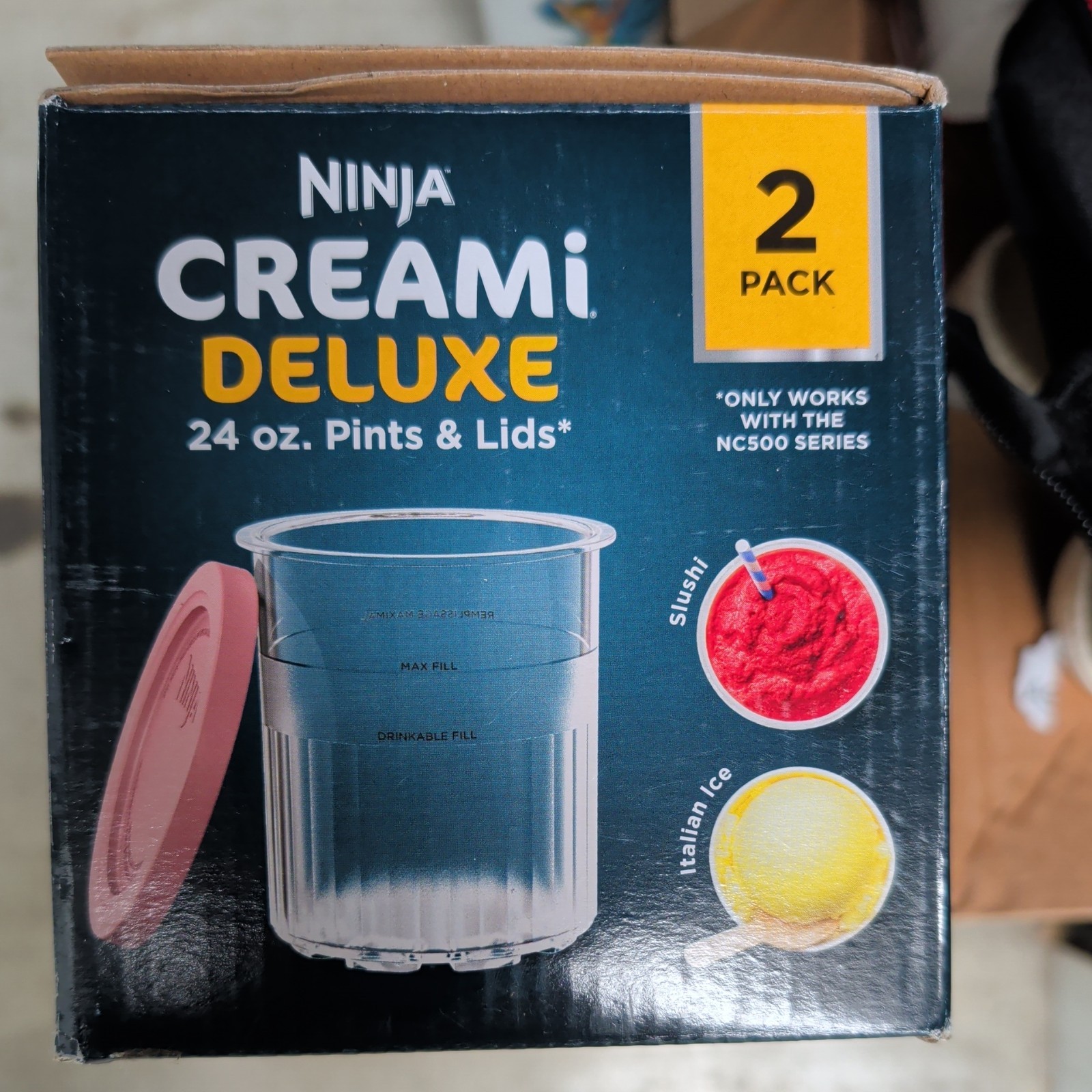 Ninja Creami Deluxe 24 oz Pints & Lids 2 Pack Coral & Yellow NC500 Series New