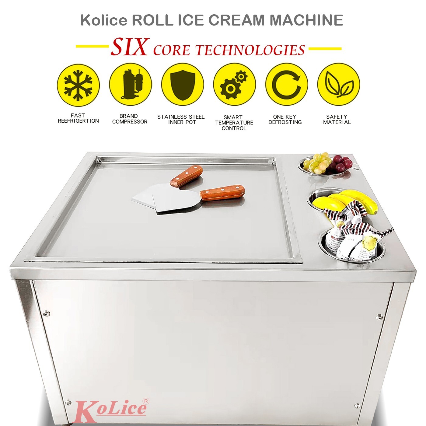 Kolice commercial 45x45cm fry ice cream machine, single square ice pan – 3 tank