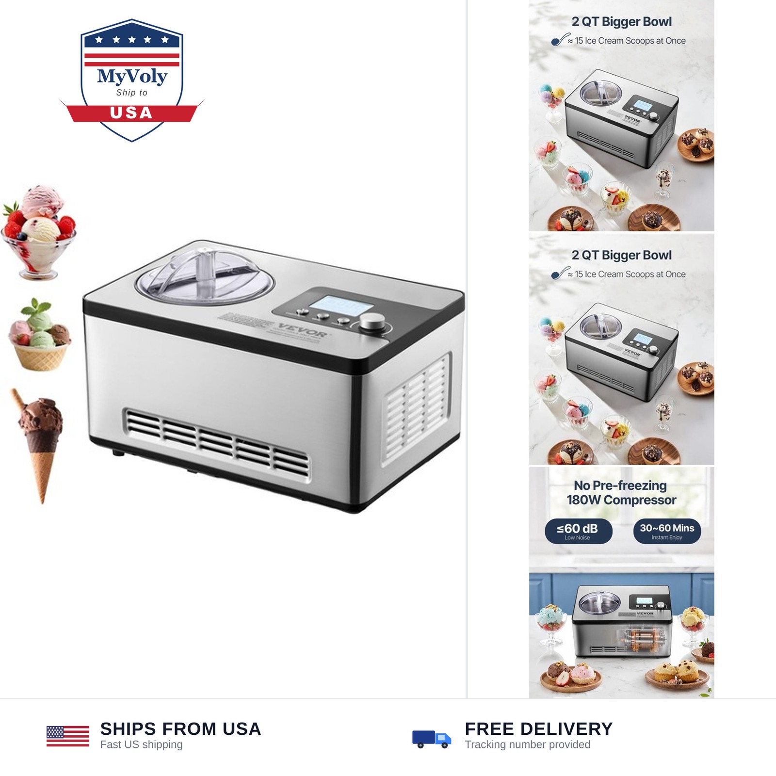 VEVOR Automatic Ice Cream Maker with Built-in Compressor, 2 Quart No Pre-free…
