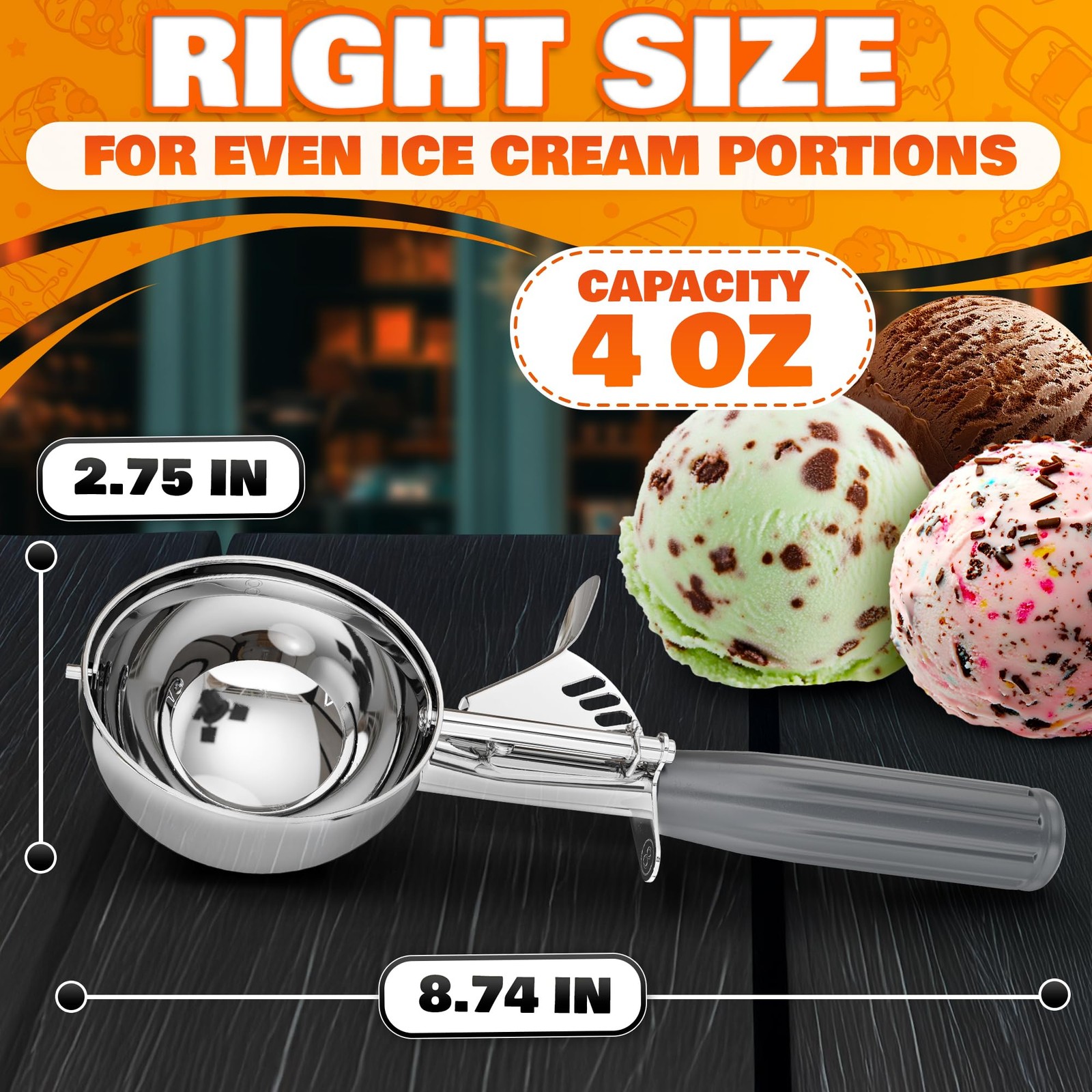 4 oz Large Ice Cream Scoop with Trigger Release #8 – Stainless 4 oz, Gray