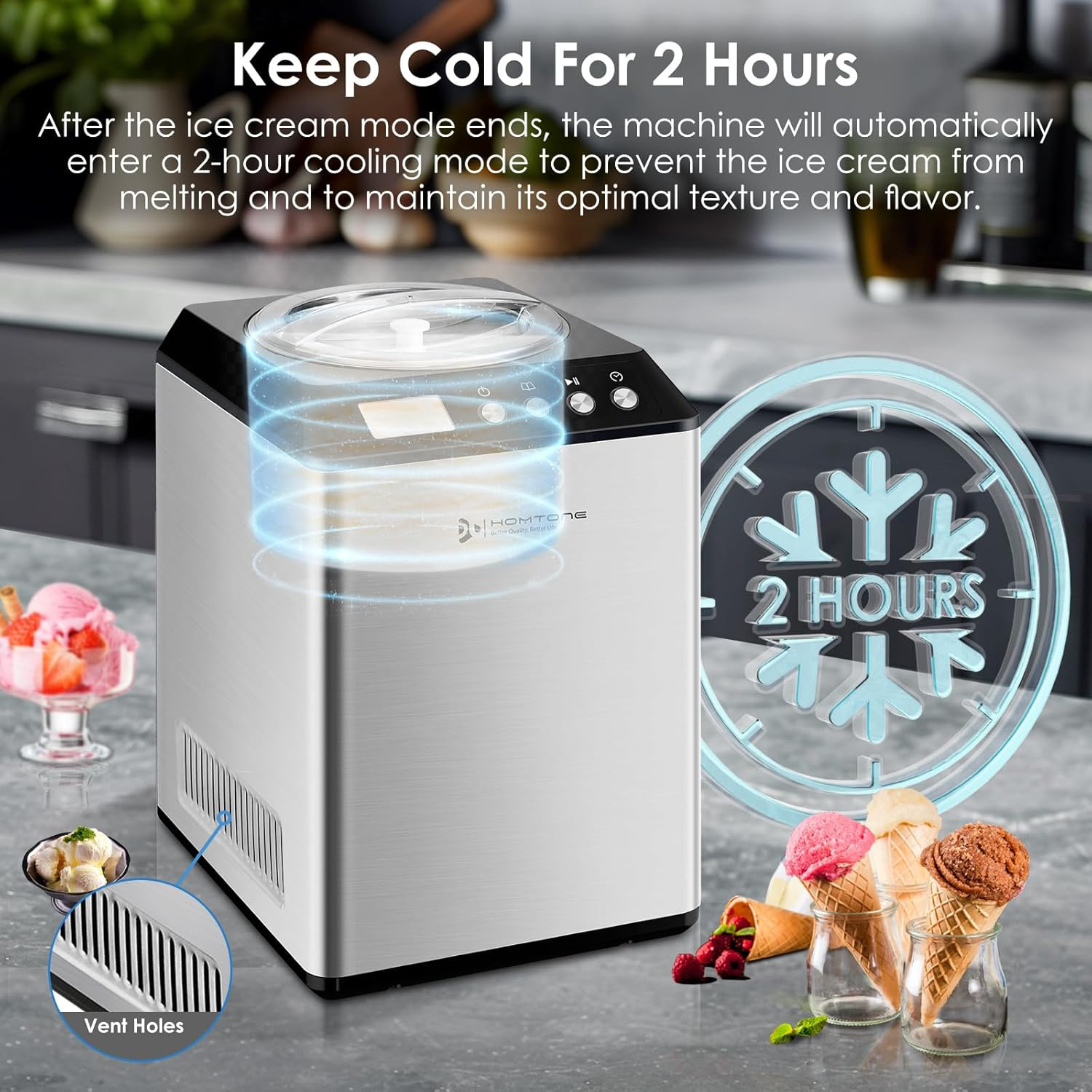 2.64QT Ice Cream Maker with Compressor, Largest Capacity Automatic Ice Cream Mak