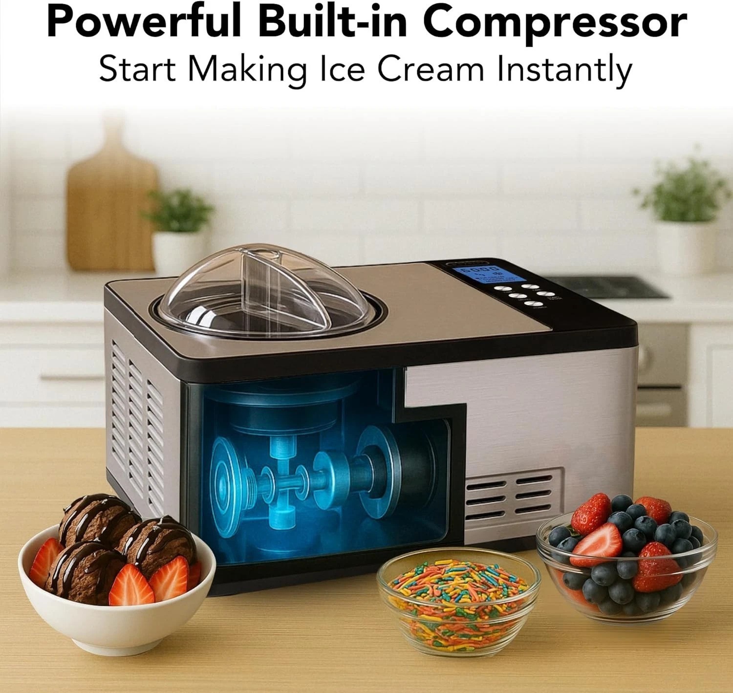 Ice Cream Maker Machine Automatic 2.1 Qt. with Built-In Compressor, LCD Digit…