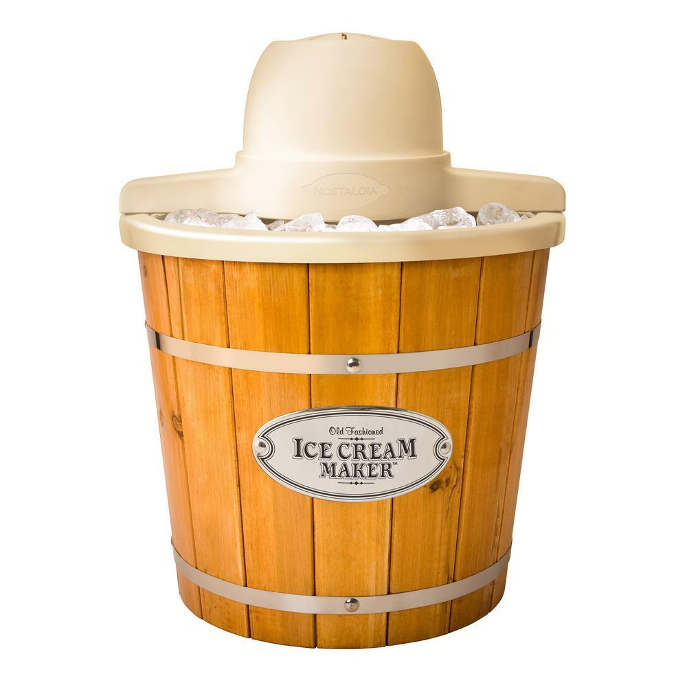 Nostalgia Electric Ice Cream Maker Light Wood Bucket Aluminum Housing 4 Qt.