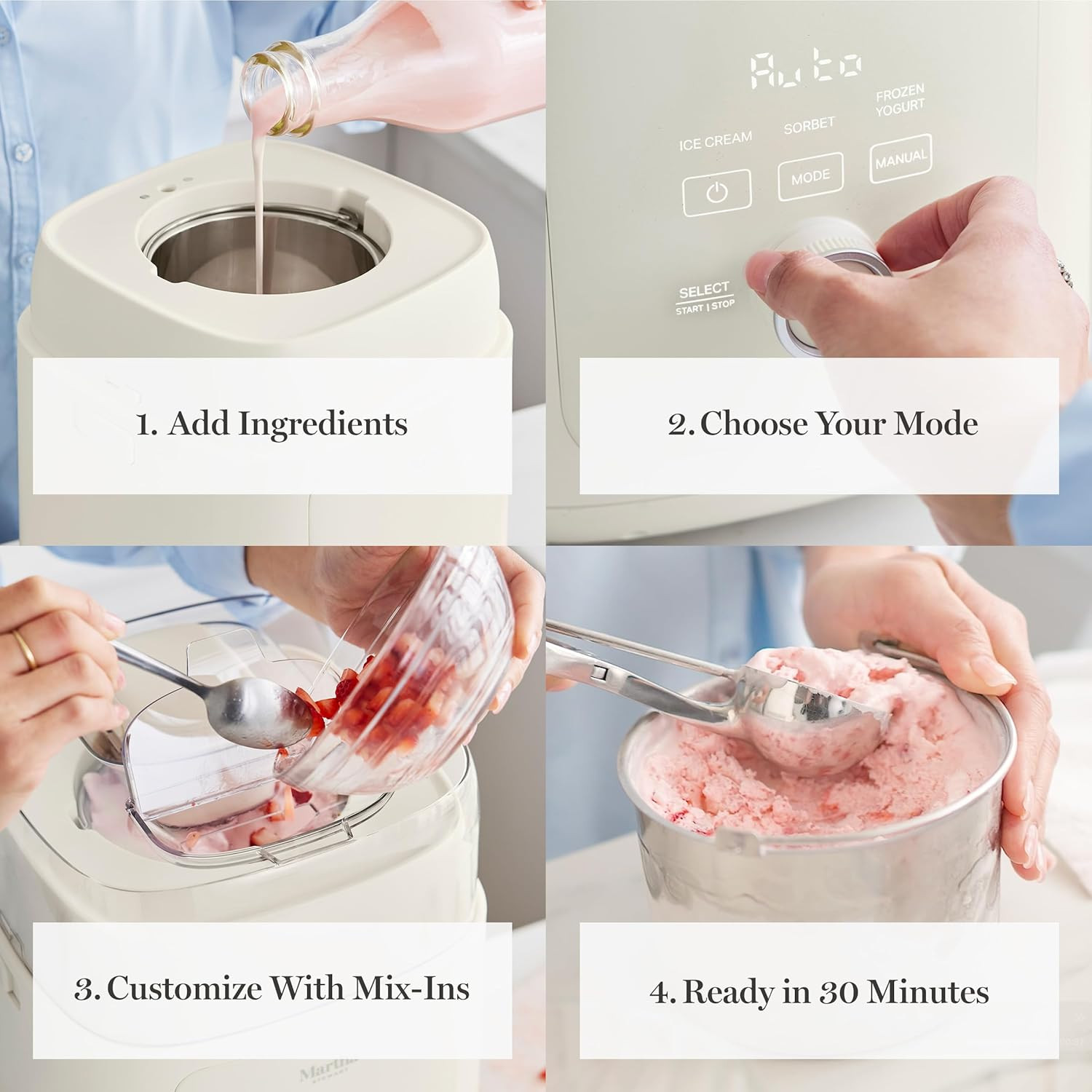 1 Quart Ice Cream Maker, Built-In Compressor, No Pre-Freezing Required, 3 Modes