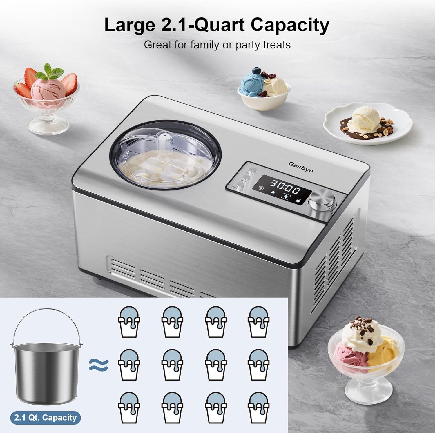 DEFECTIVE Gasbye Compressor Ice Cream Maker 21QT No PreFreeze 250W Stain G3D