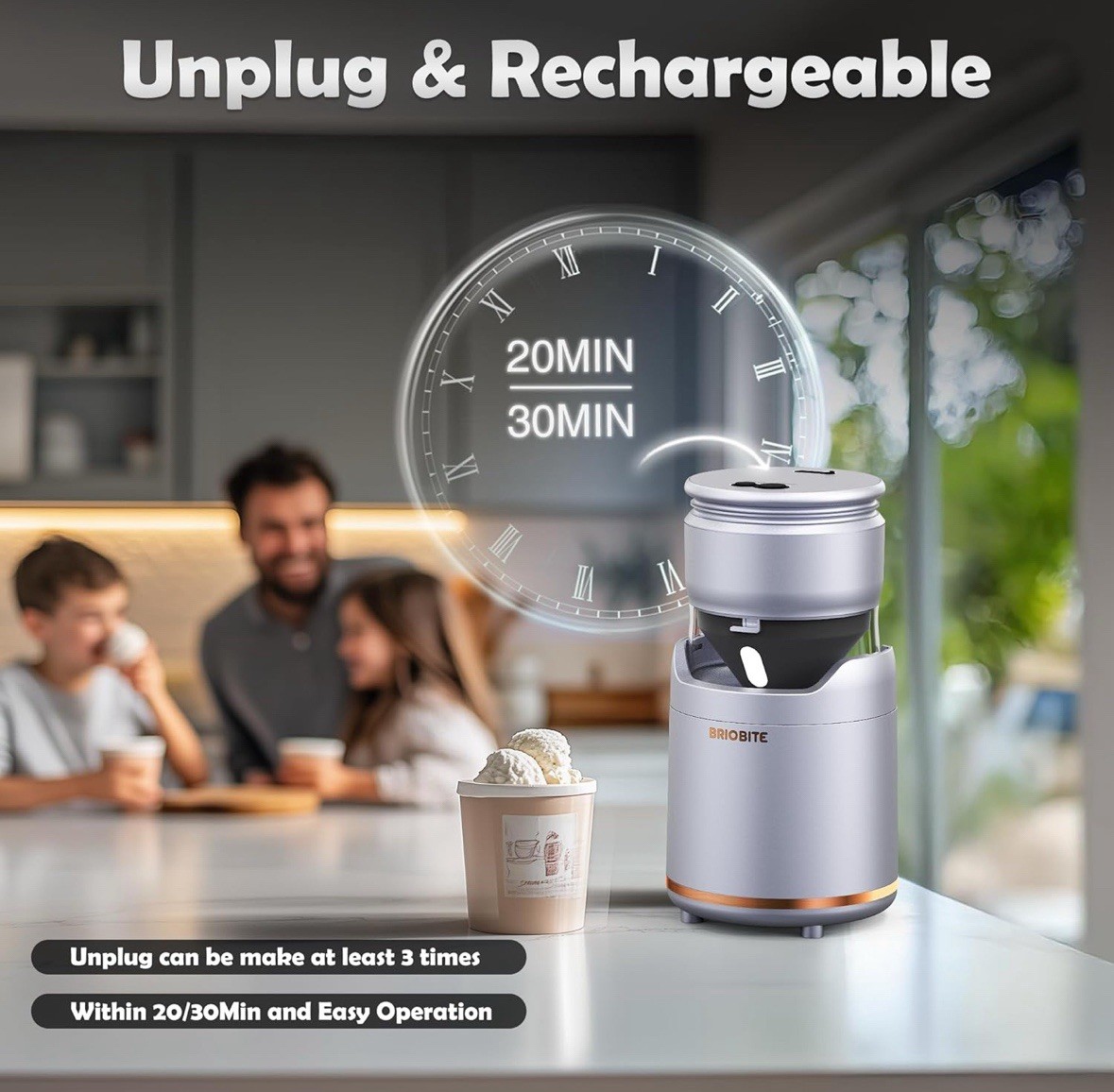 Electric Ice Cream Maker Machine Rechargeable Low Noise Easy To Clean Silver