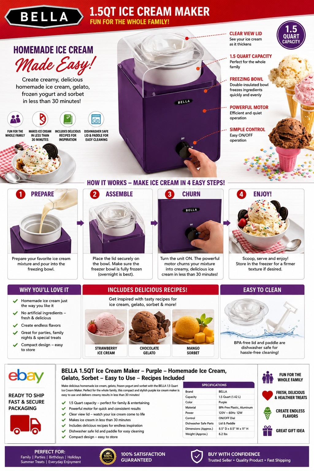 BELLA 1.5 Quart Ice Cream Maker – Homemade Ice Cream, Gelato & Sorbet in…