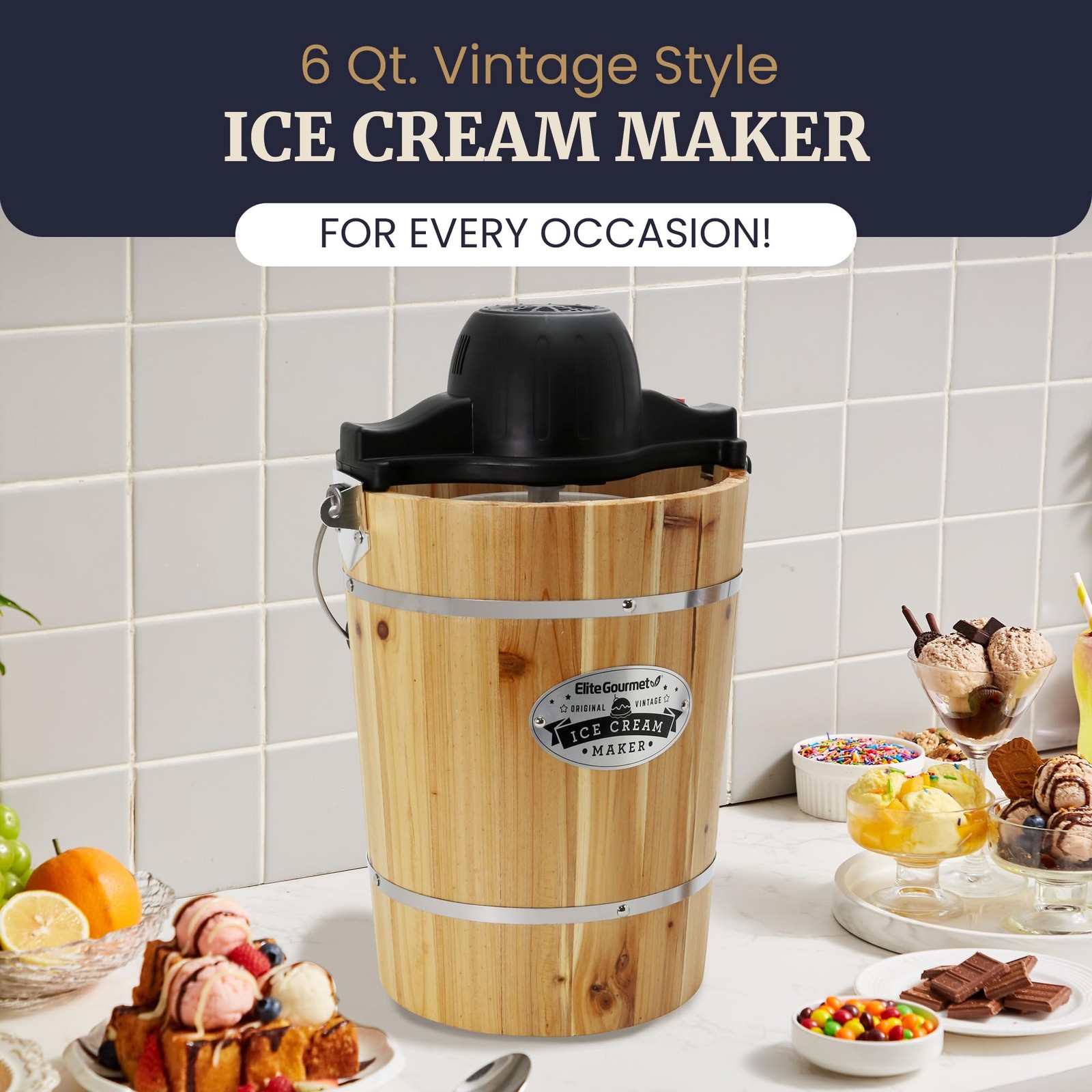 Elite Gourmet EIM916 6Qt Old Fashioned Wood Bucket Ice Cream Maker Electric