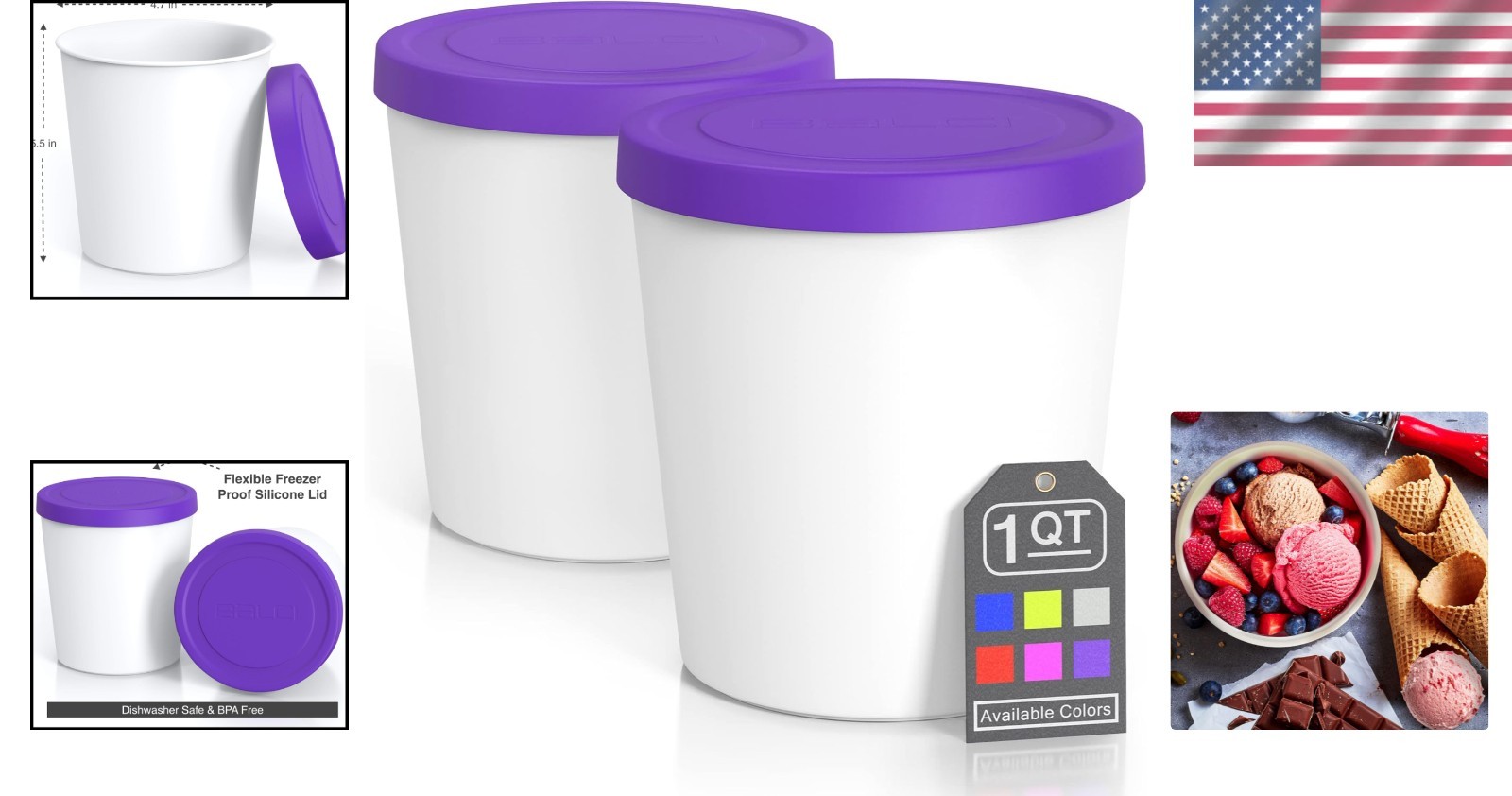 Reusable Ice Cream Containers 2 Pack – 1 Quart, Stackable and Dishwasher Safe