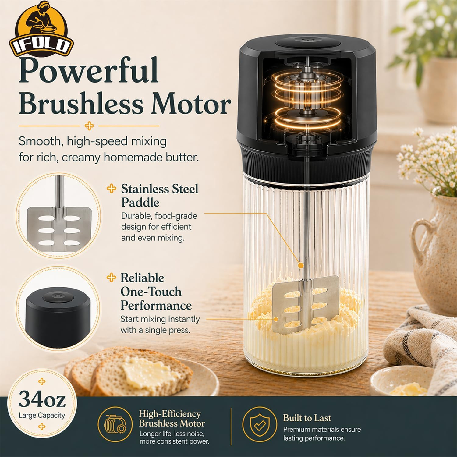 IFOLO Electric Butter Churn – One-Touch Butter Maker in 5–10 Mins, 34Oz Glass Ja