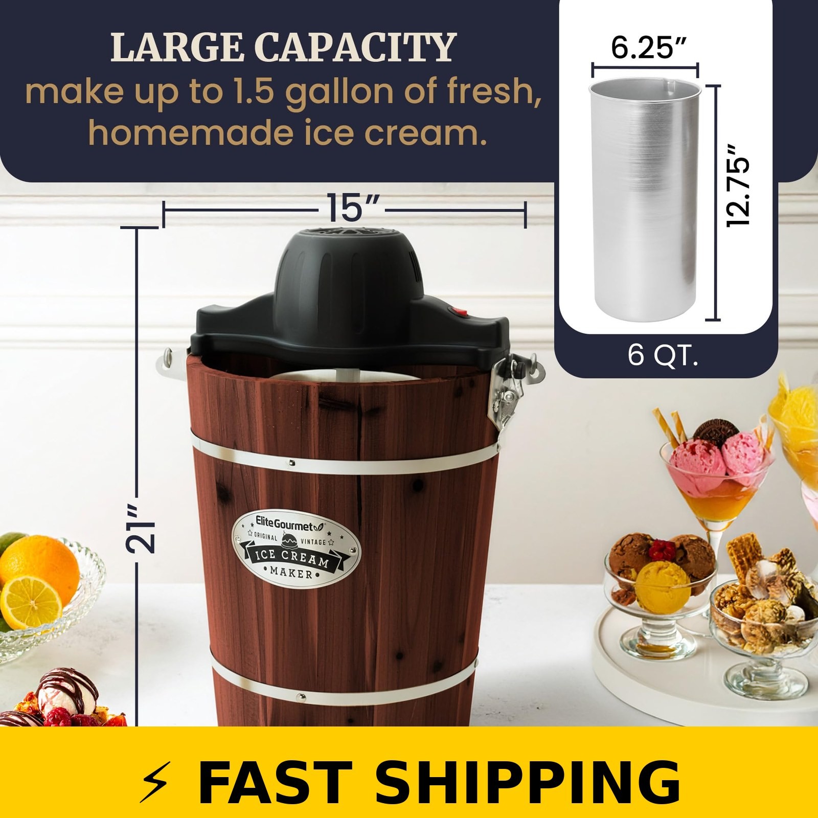 Elite Gourmet EIM949 6 Quart Electric Ice Cream Maker – Walnut