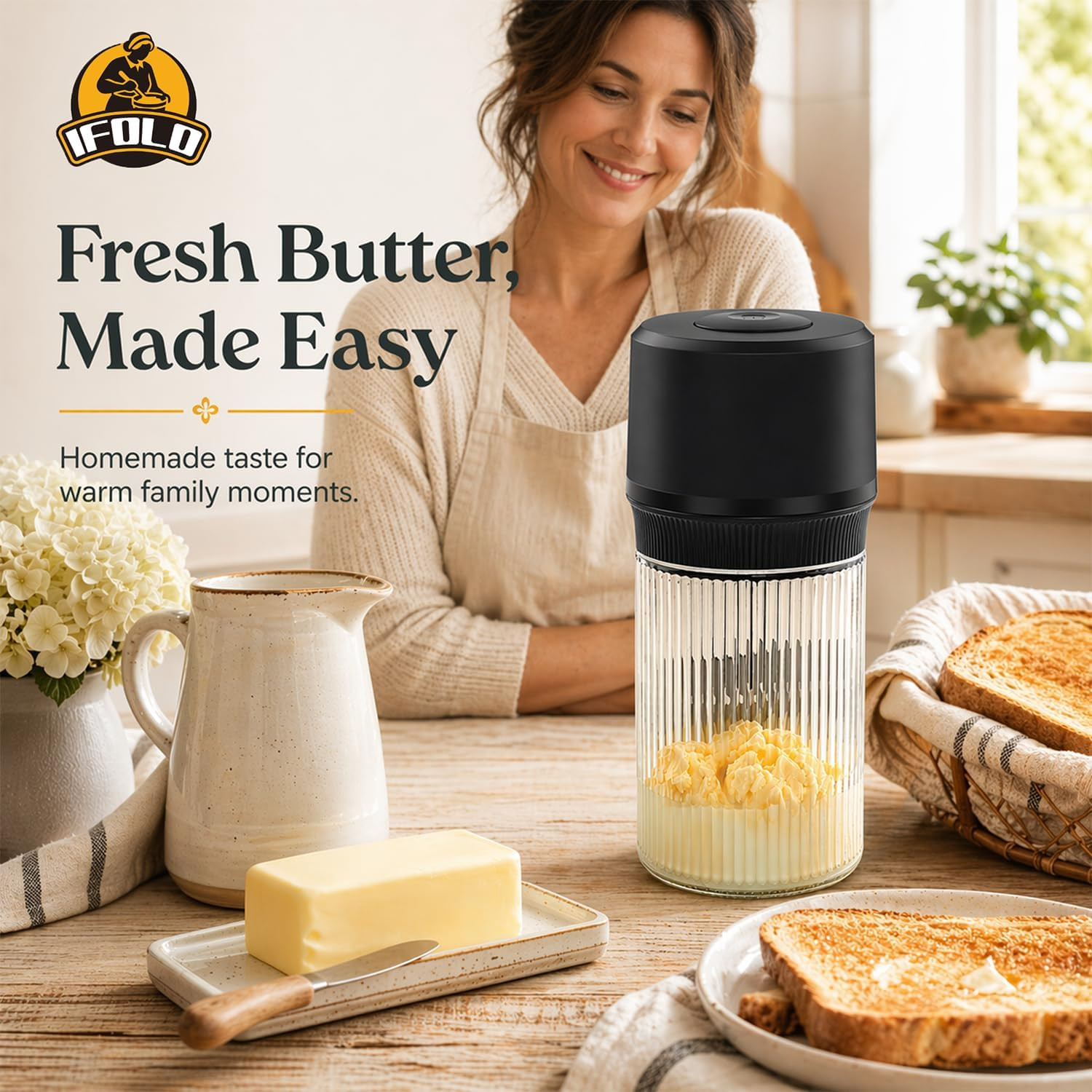 IFOLO Electric Butter Churn – One-Touch Butter Maker in 5–10 Mins, 34Oz Glass Ja