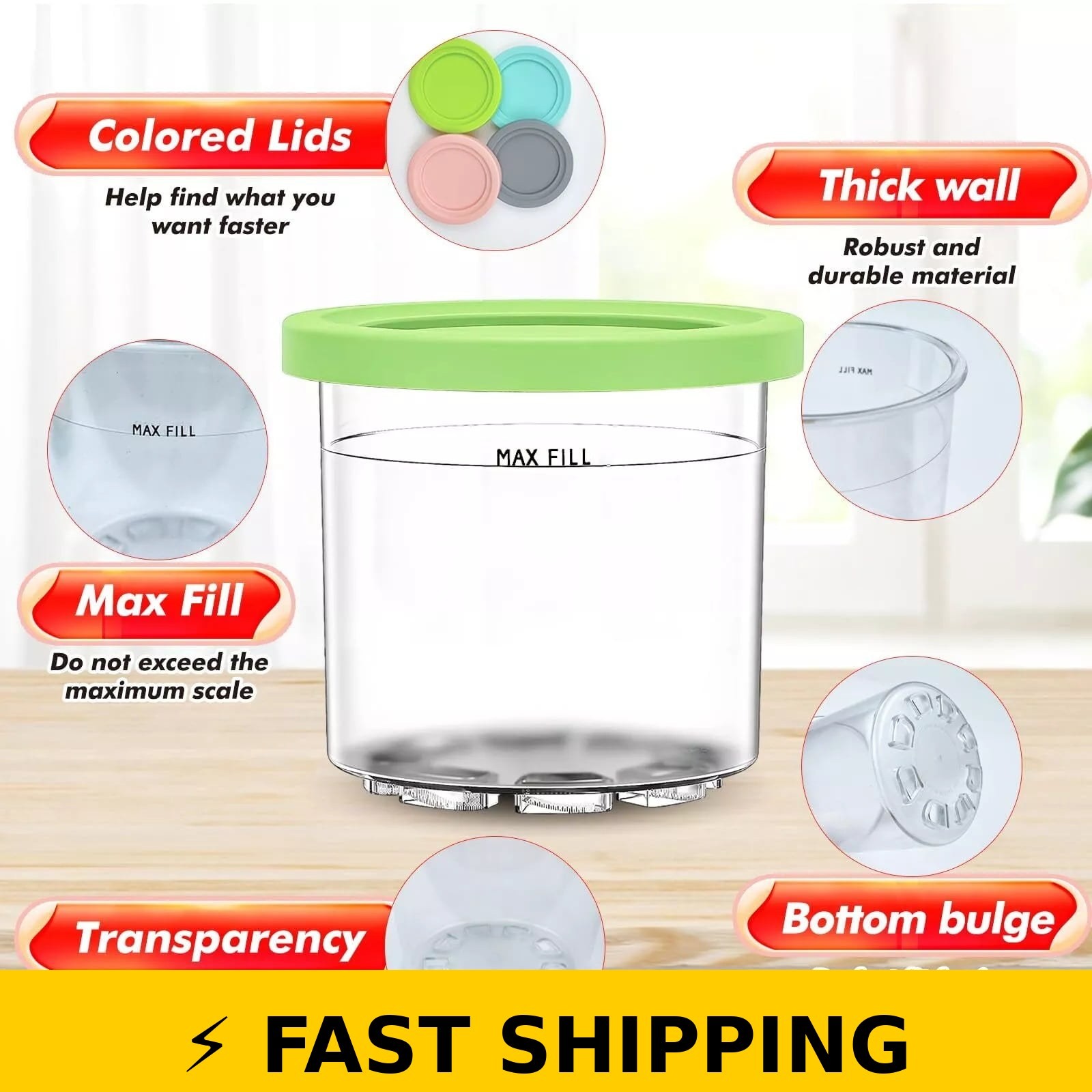 Umailgoo 4-Pack Ice Cream Pint Containers Compatible with Ninja Creami