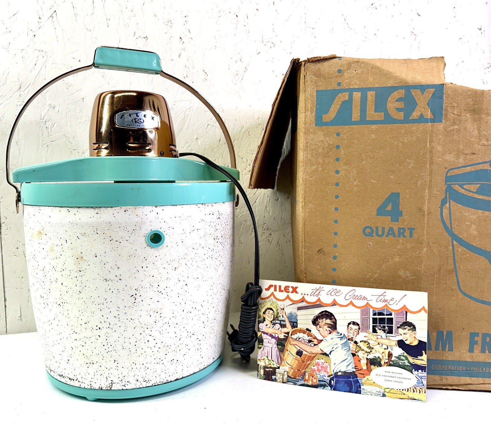 Ice Cream Maker Proctor Silex 4qt Turquoise & Copper Electric Vintage W/ Box