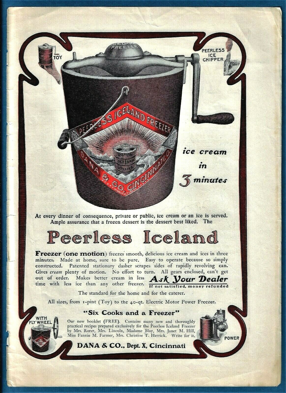 1904 PEERLESS ICE CREAM MAKER AD ~ DANA CO., CINCINNATI ~ ICE CREAM IN 3 MINUTES
