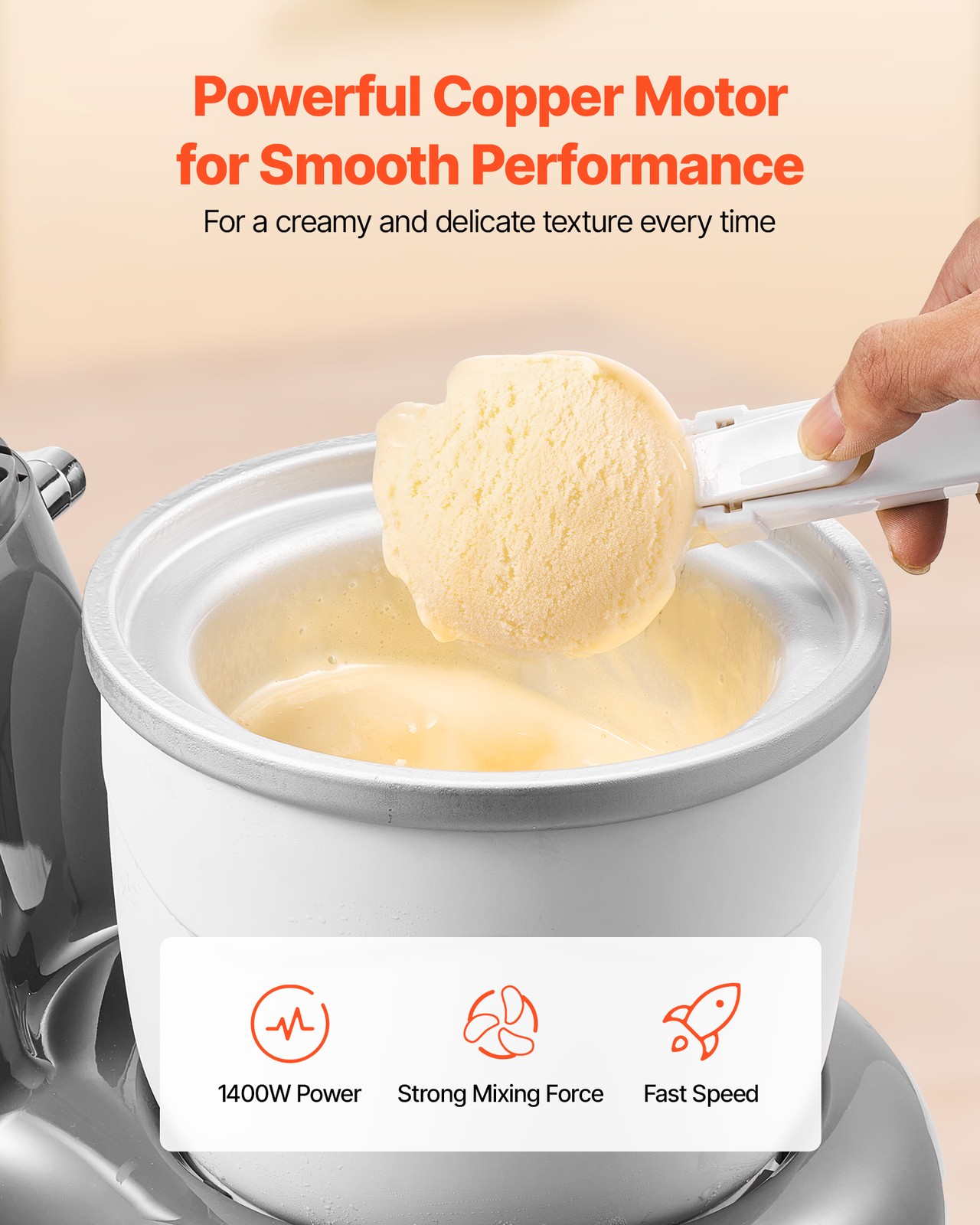 VEVOR 1.8 Qt Ice Cream Maker 6-Speed Stand Mixer with Stainless Steel Bowl Grey