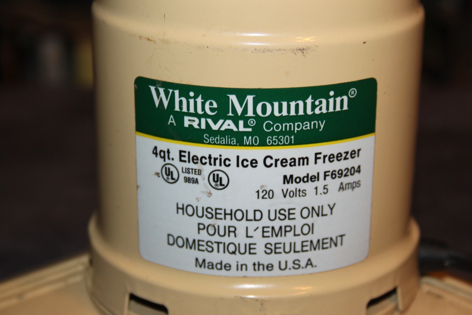 White Mountain Model F69204 Ice Cream Freezer Maker, Motor Only for 4 Qt. Maker