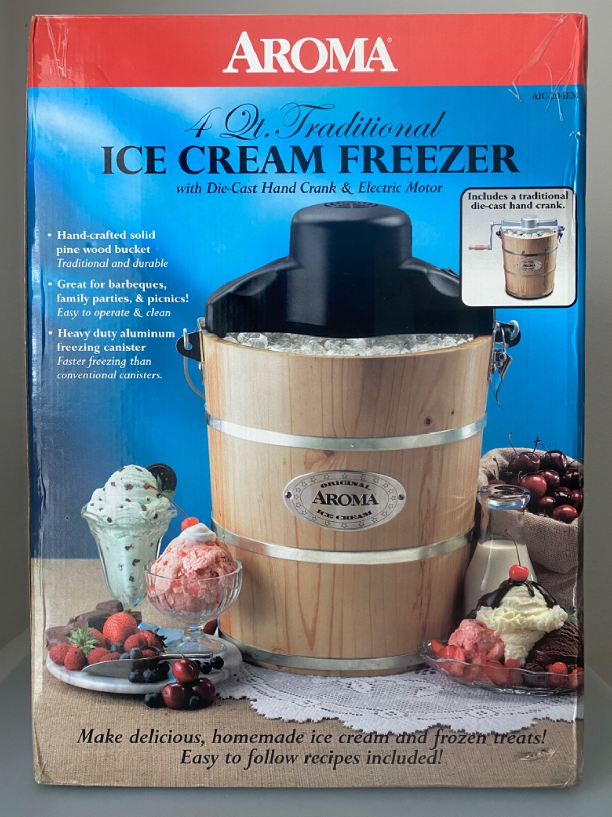 Aroma 4 Qt Original Electric/Manual Pine Wood Bucket Ice Cream Maker