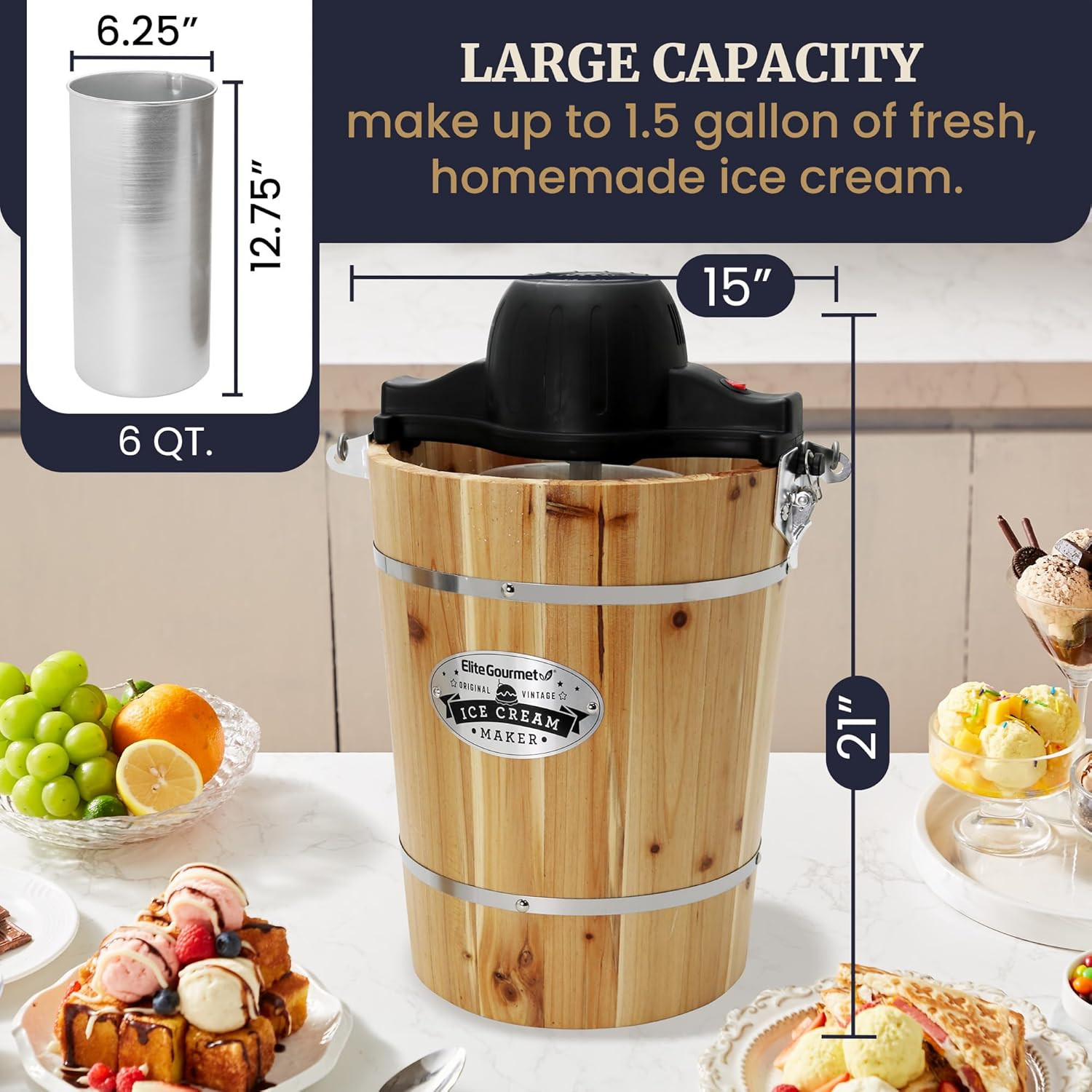 EIM916X Old Fashioned 6 Quart Vintage Wood Bucket Electric Ice Cream Maker Machi