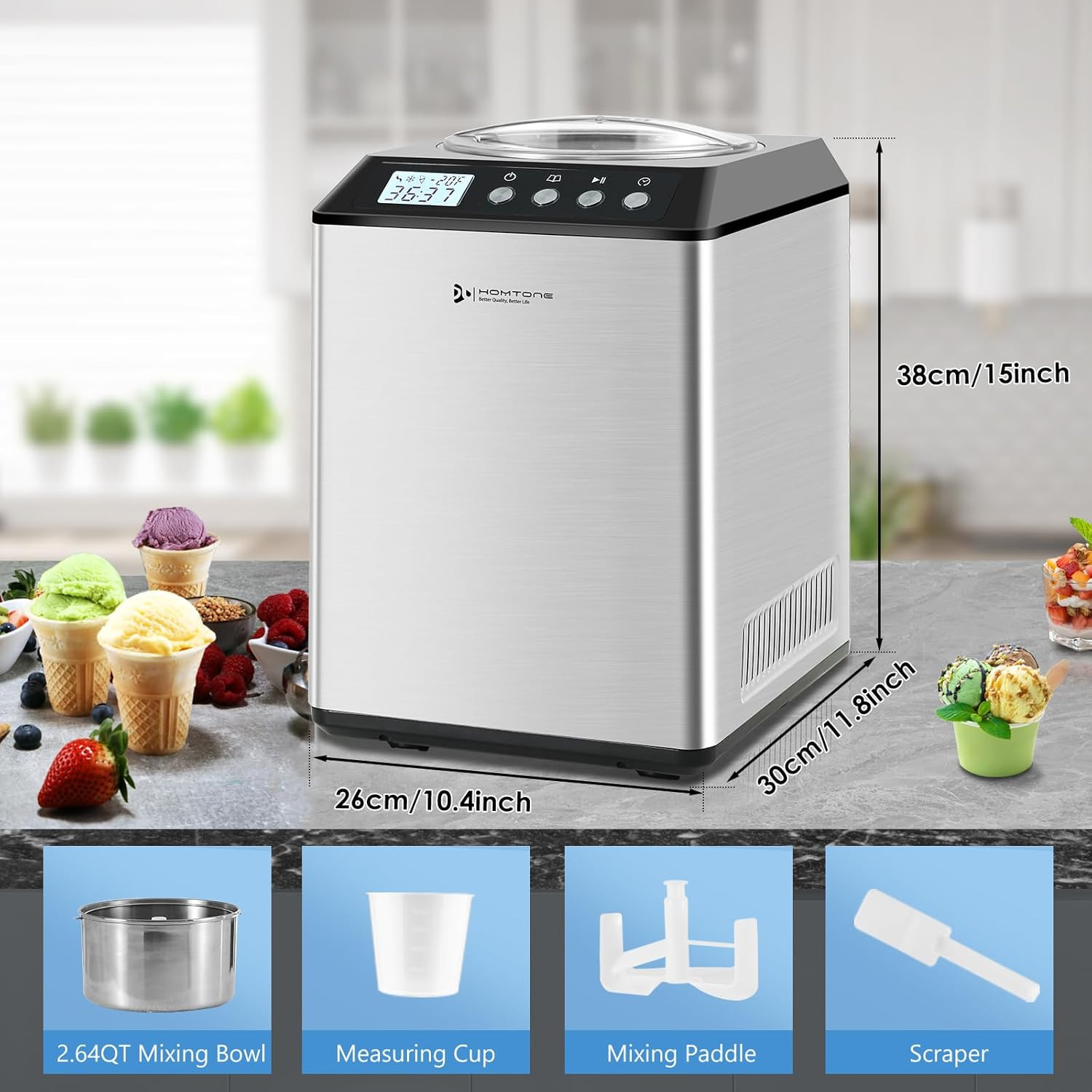 2.64QT Ice Cream Maker with Compressor, Largest Capacity Automatic Ice Cream Mak
