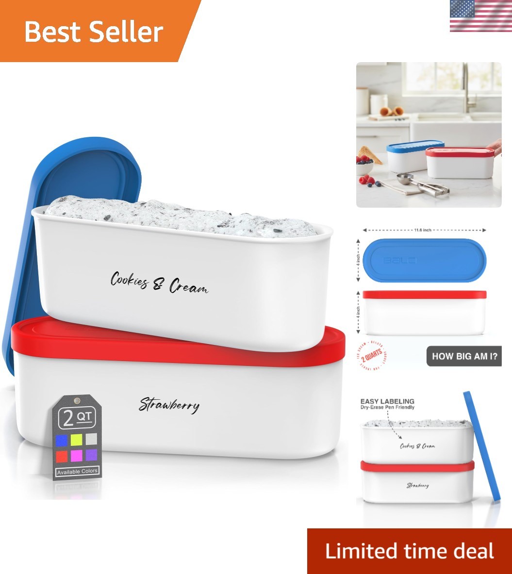 Stylish Blue & Red 2 Quart Ice Cream Containers – Perfect for Sorbet & Gelato