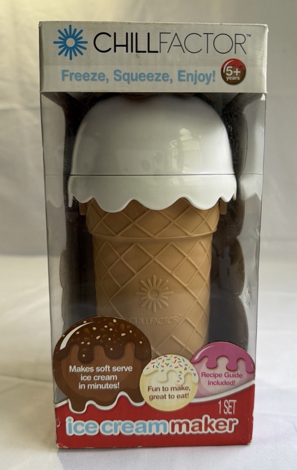 CHILLFACTOR SQUEEZY CONE ICE CREAM MAKER W REUSABLE SPOON/STRAW- Choc/Van Recipe