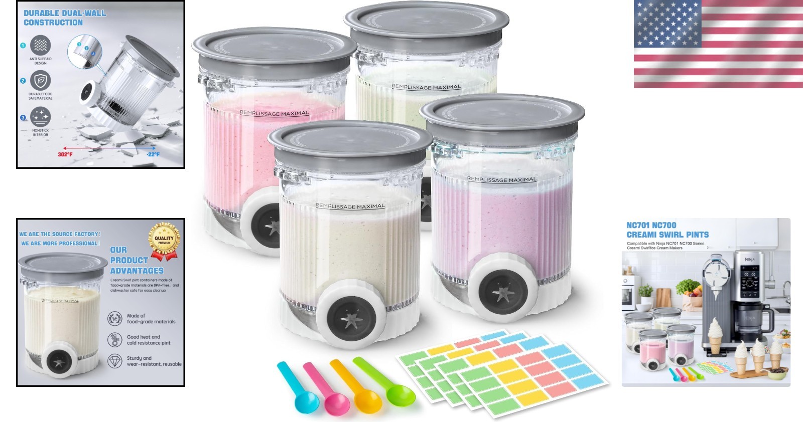 4 Pack Creami Swirl Pints & Lids for Ninja, Compatible with NC700 Series Ninja S