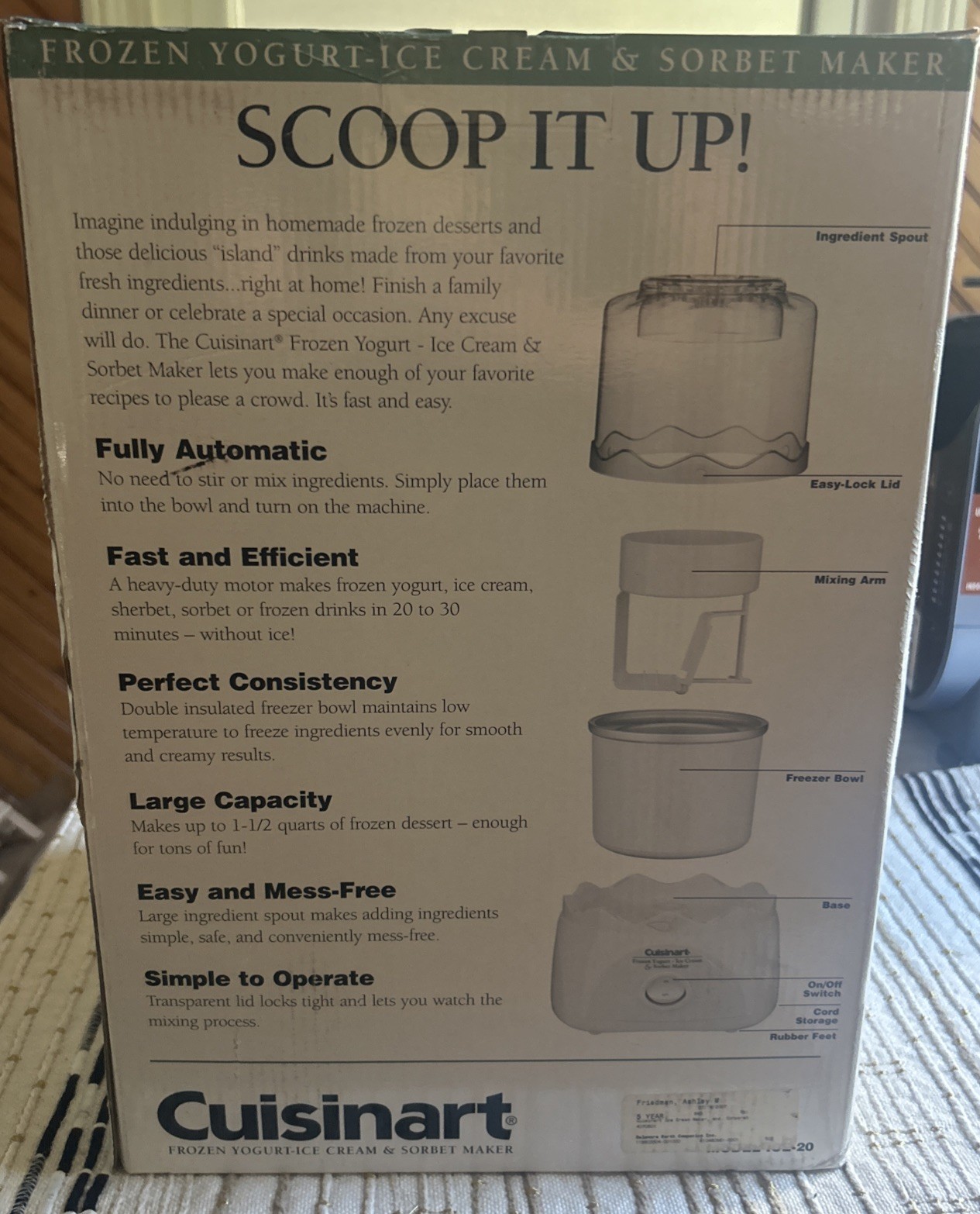 Cuisinart ICE-20 Ice Cream Maker Frozen Yogurt Sorbet 1.5 Qt New In Box