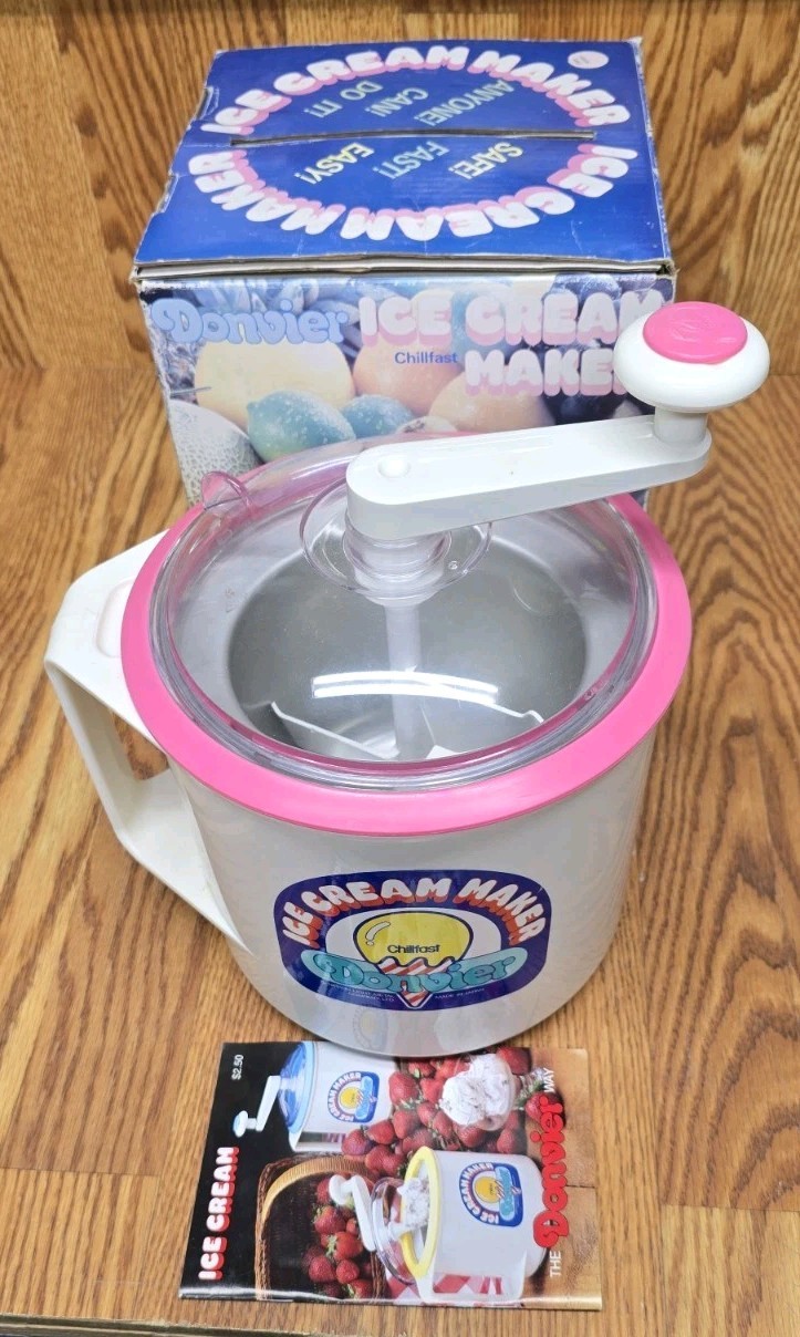 Vintage DONVIER 2 Pint Pink Chillfast Crank Ice Cream Maker Original Box Japan