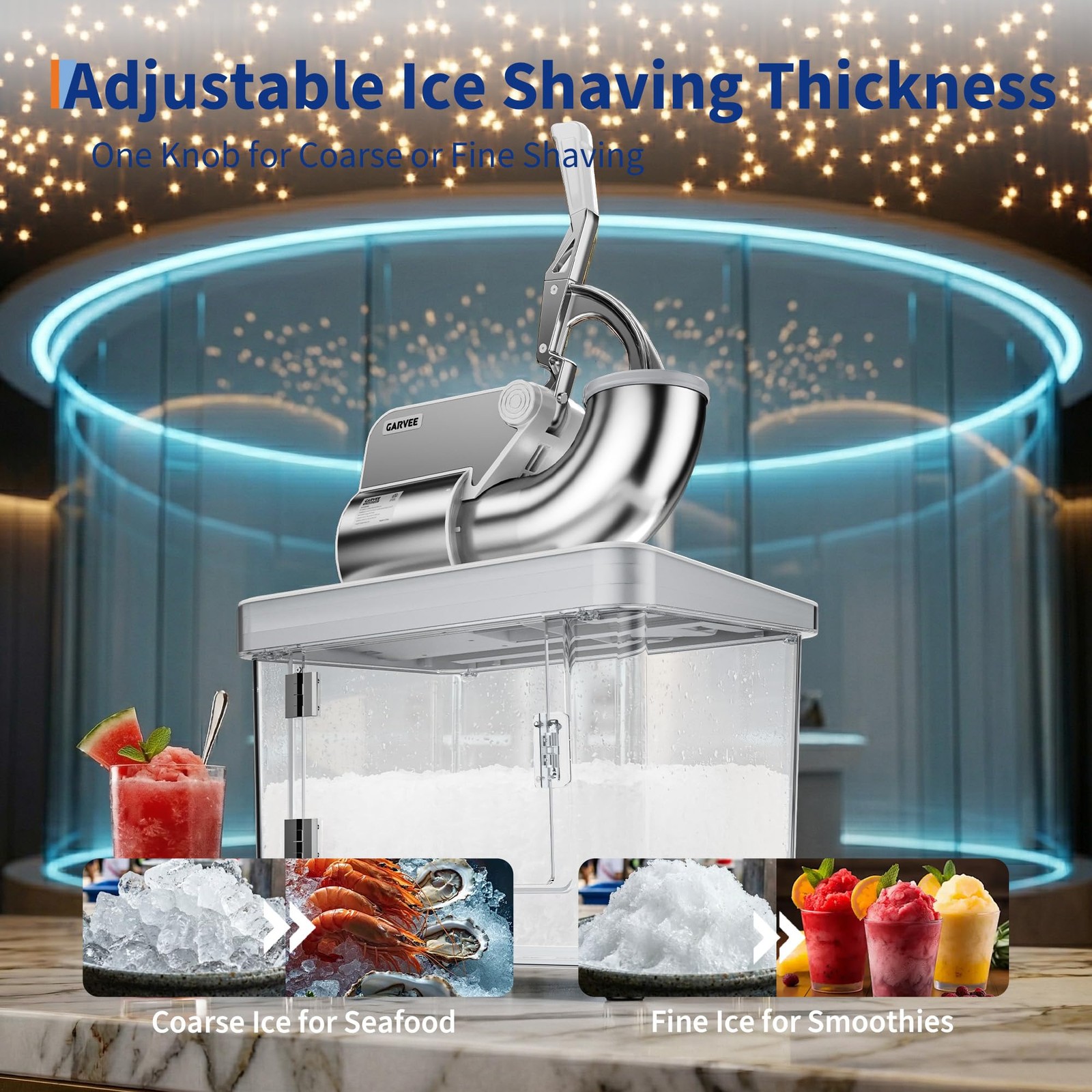 GarveeTech Commercial Ice Crusher 300W 661Lbs/Hr Double-Blade w/ Spare Blades