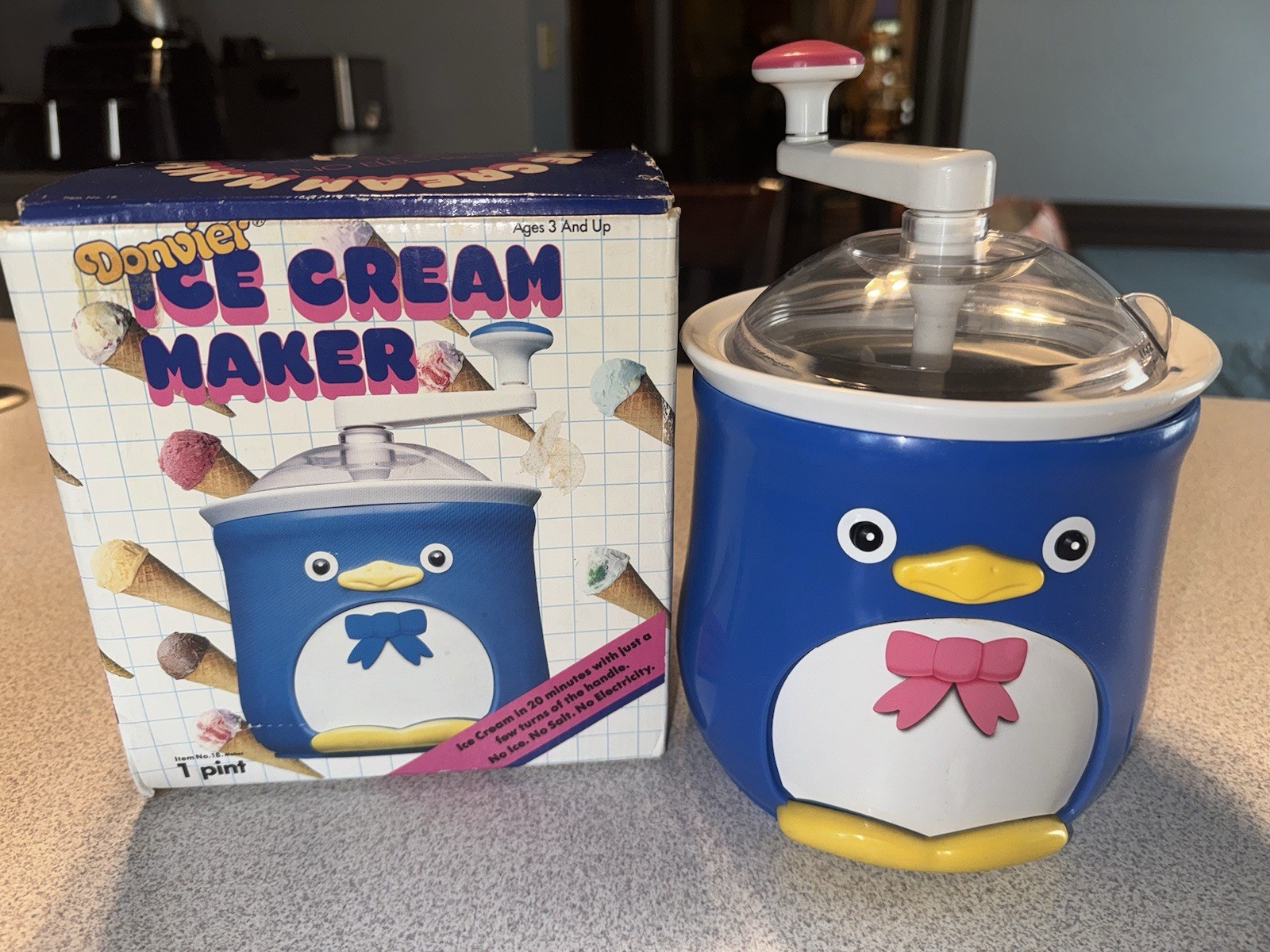 1980s Donvier Chilly the Blue Penguin Manual Hand Crank Ice Cream Maker