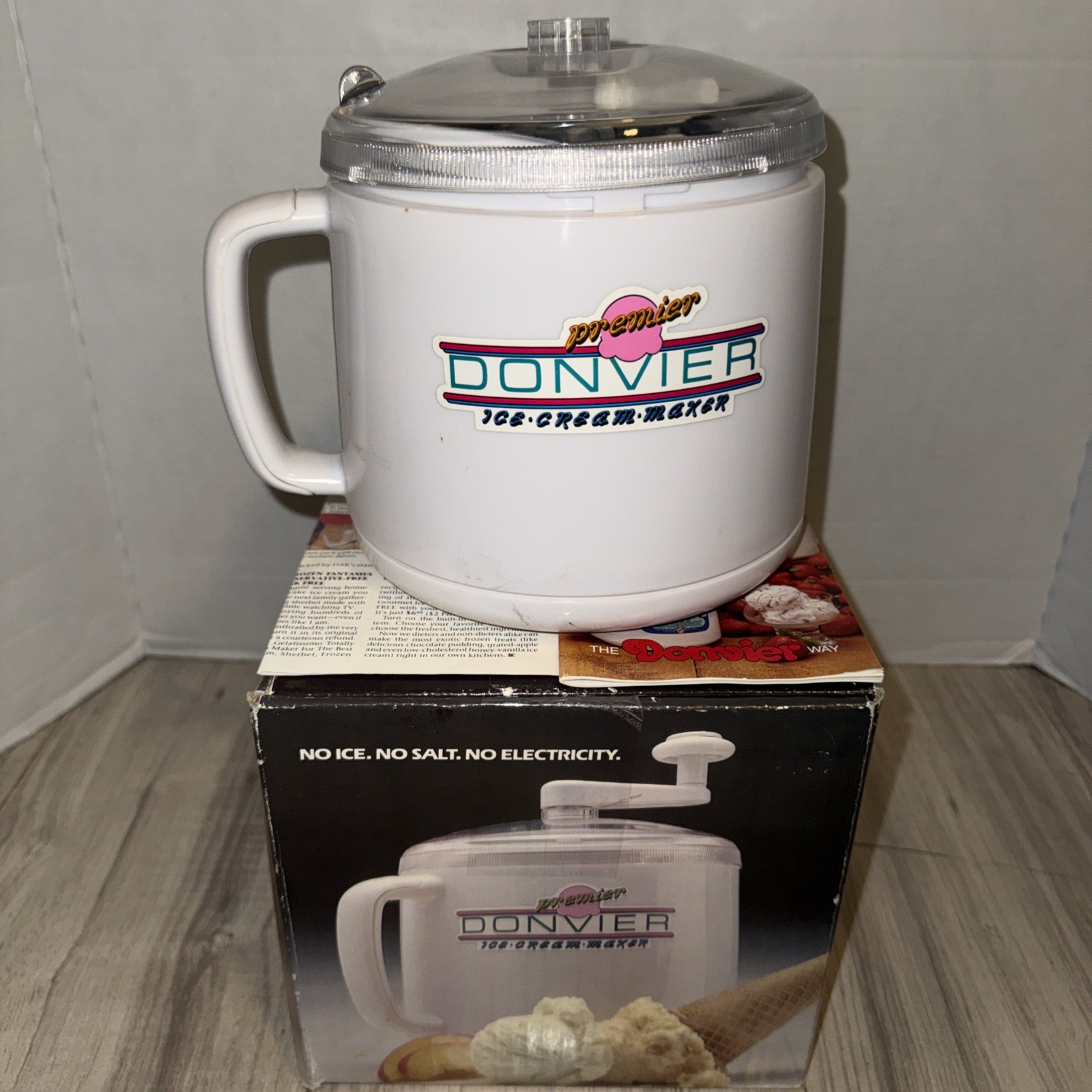 Vintage Donvier Premier White Homemade Ice Cream Maker Hand Crank USED ONCE