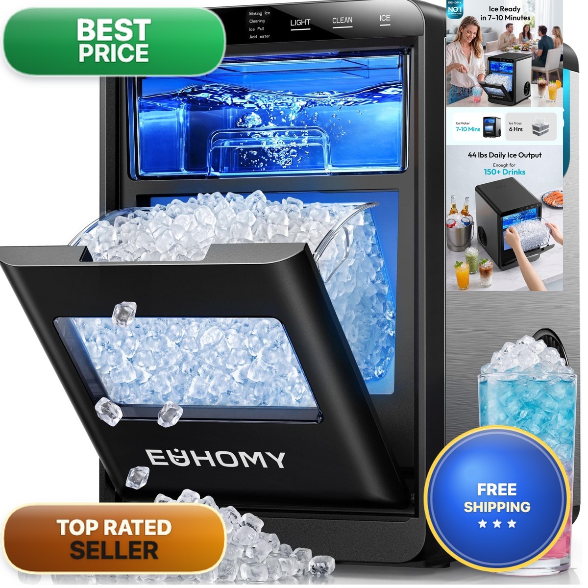 Euhomy Nugget Ice Maker Countertop 44Lbs/24H Sonic Ice Maker Machine