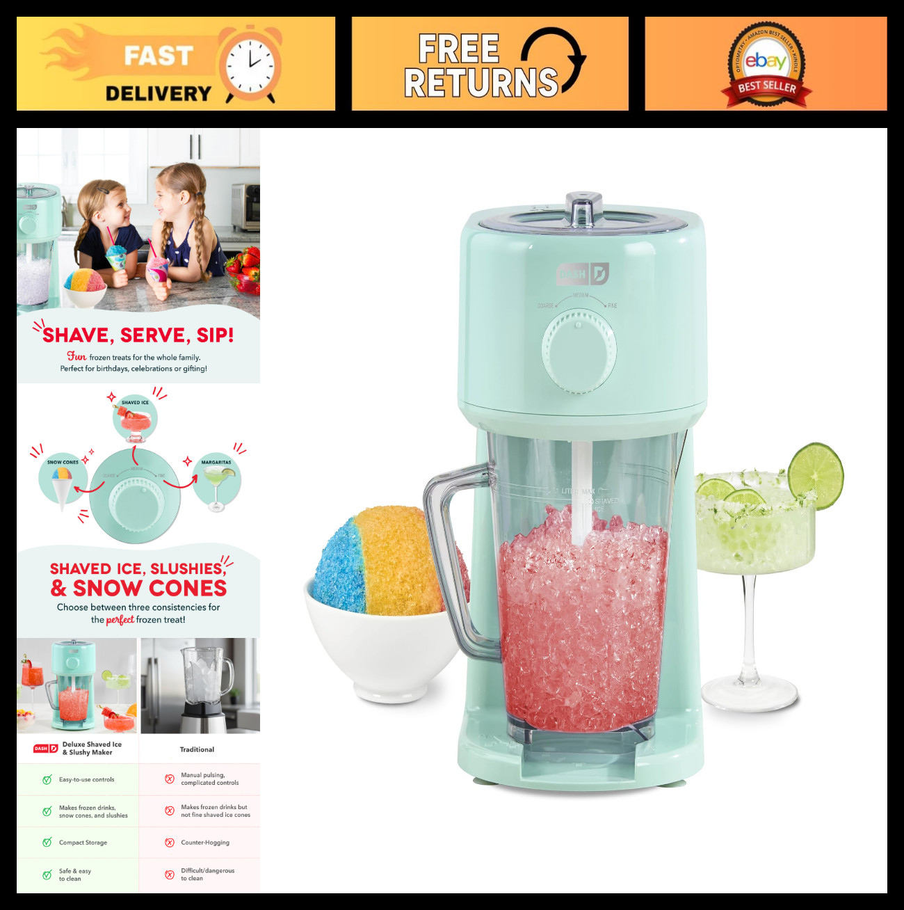 Deluxe Shaved Ice & Slushy Maker – Easy Snow Cone Machine with Pitcher & Recipes