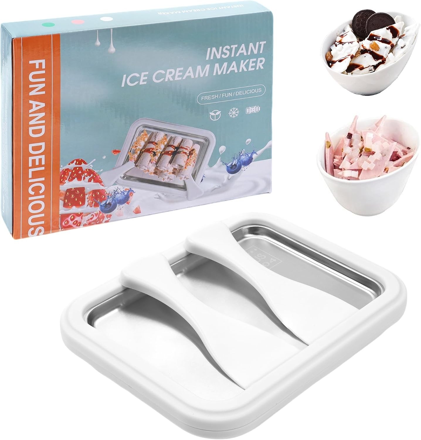 Rolled Ice Cream Maker Kit, DIY Ice Cream Roll Tray & 2 Scrapers,Stainless Steel