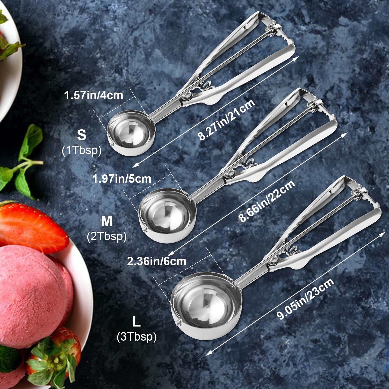 Cookie Scoop,Set of 3 Dough Scoops for Baking 1 Tbsp,2 L, Sliver