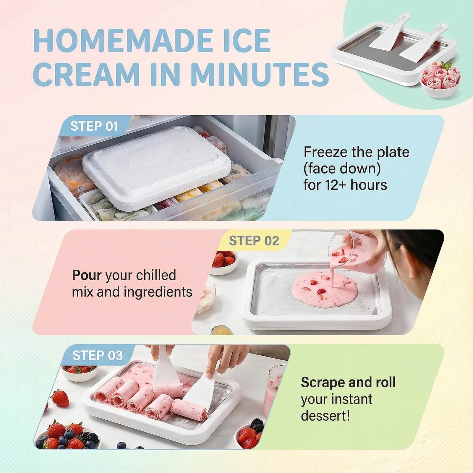 At-Home Rolled Ice Cream Maker Kit, Instant Freeze Plate with 2 Scrapers, DIY…