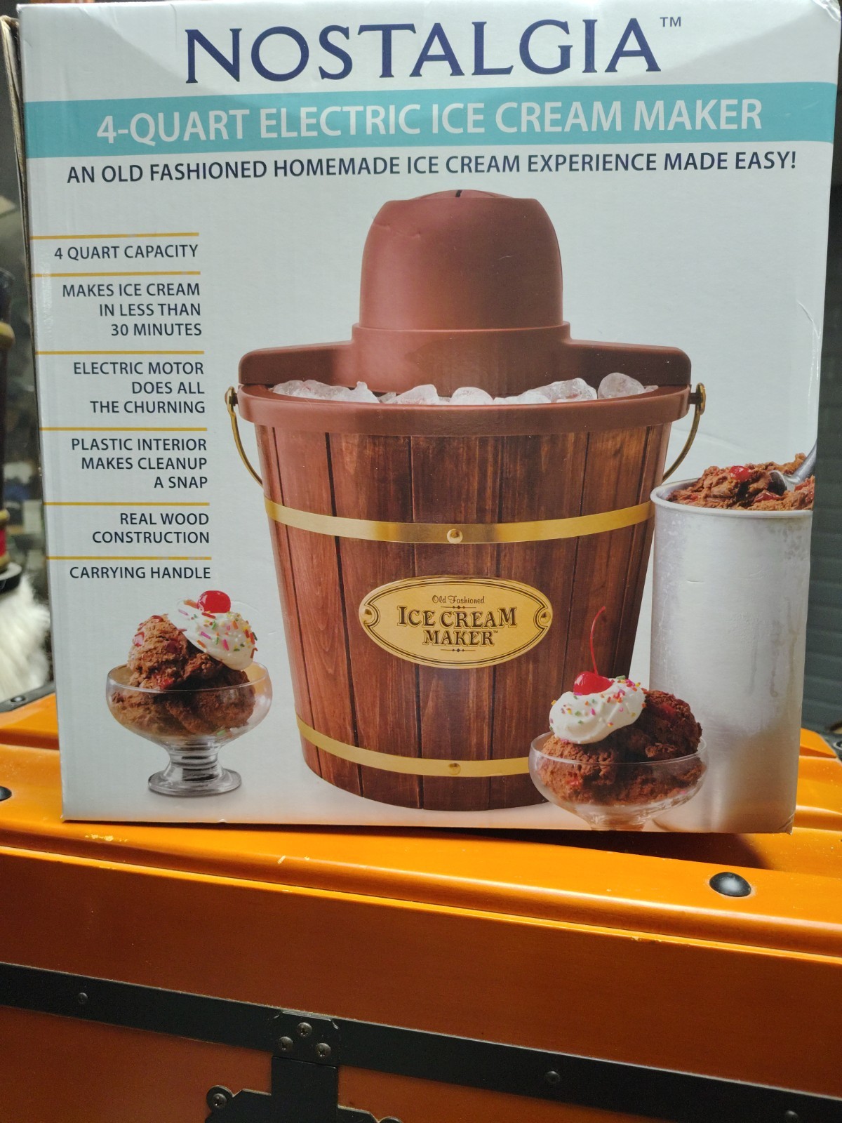 Nostalgia 4-Quart Electric Ice Cream Maker Brown Real Wood Automatic Easy Clean