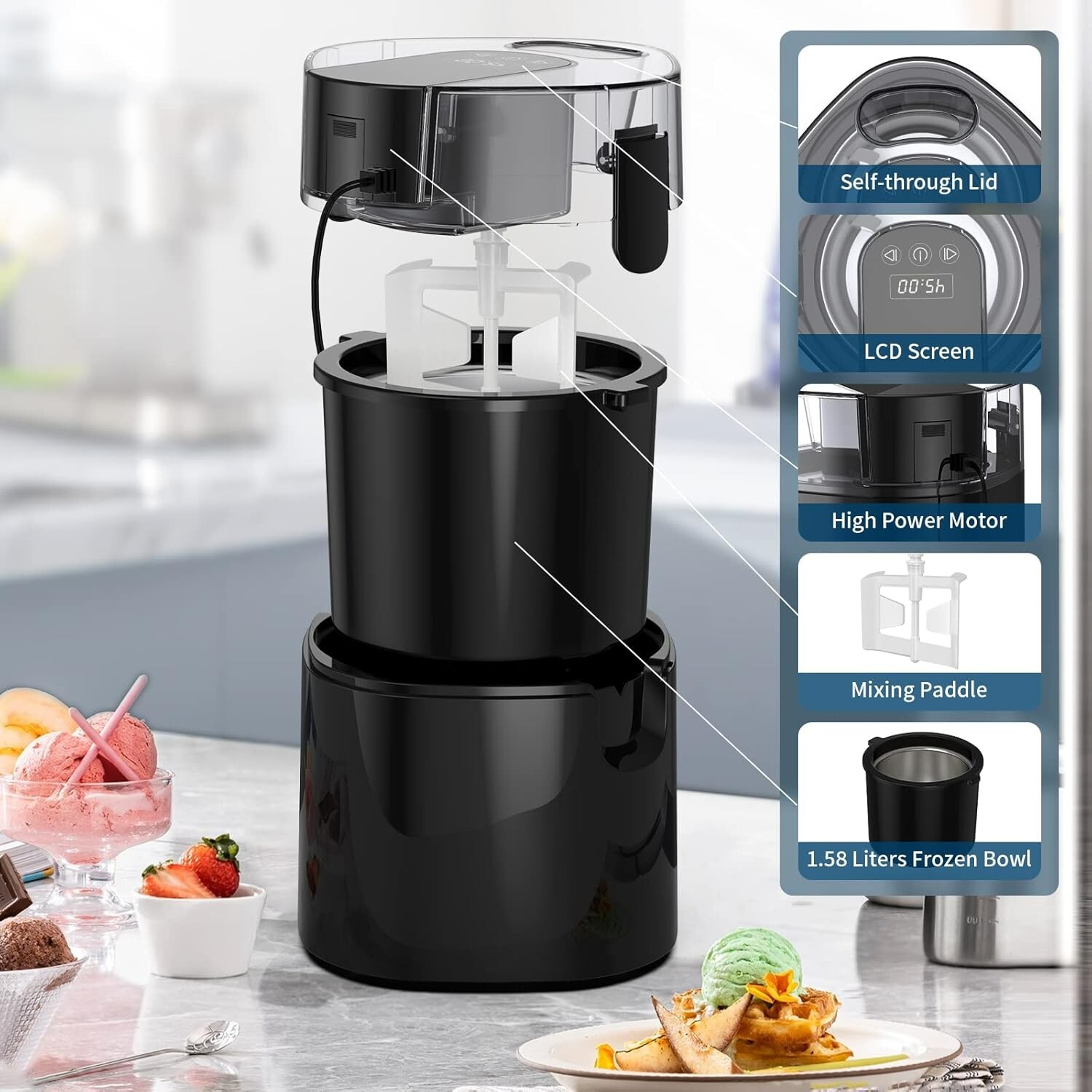 Ice Cream Maker Machine-1.58L with Double Insulated Freezer Bowl, Digital Timer