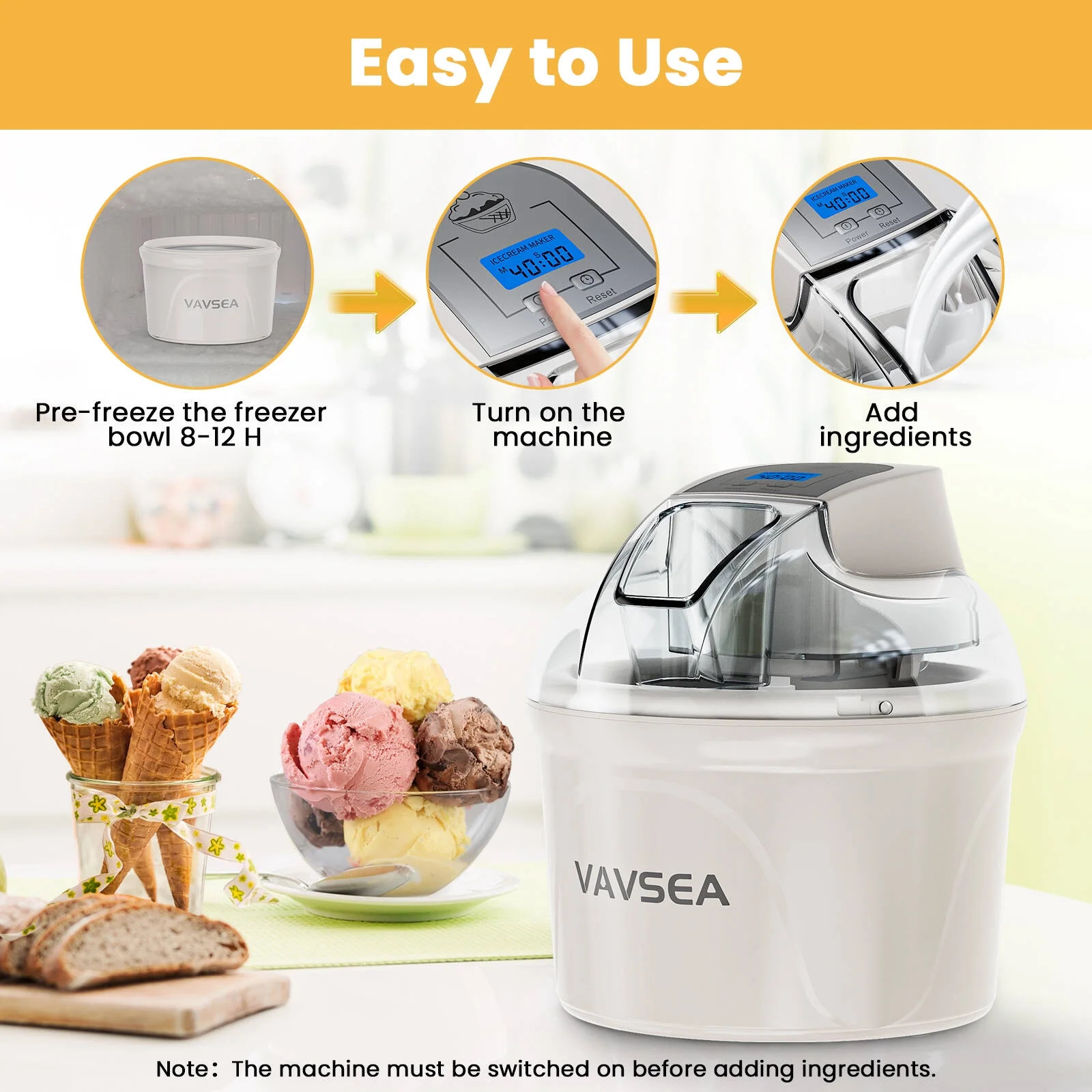 1.5 Qt Ice Cream Maker w/LCD Display, Timer, Double-Insulated Bowl & Scoop