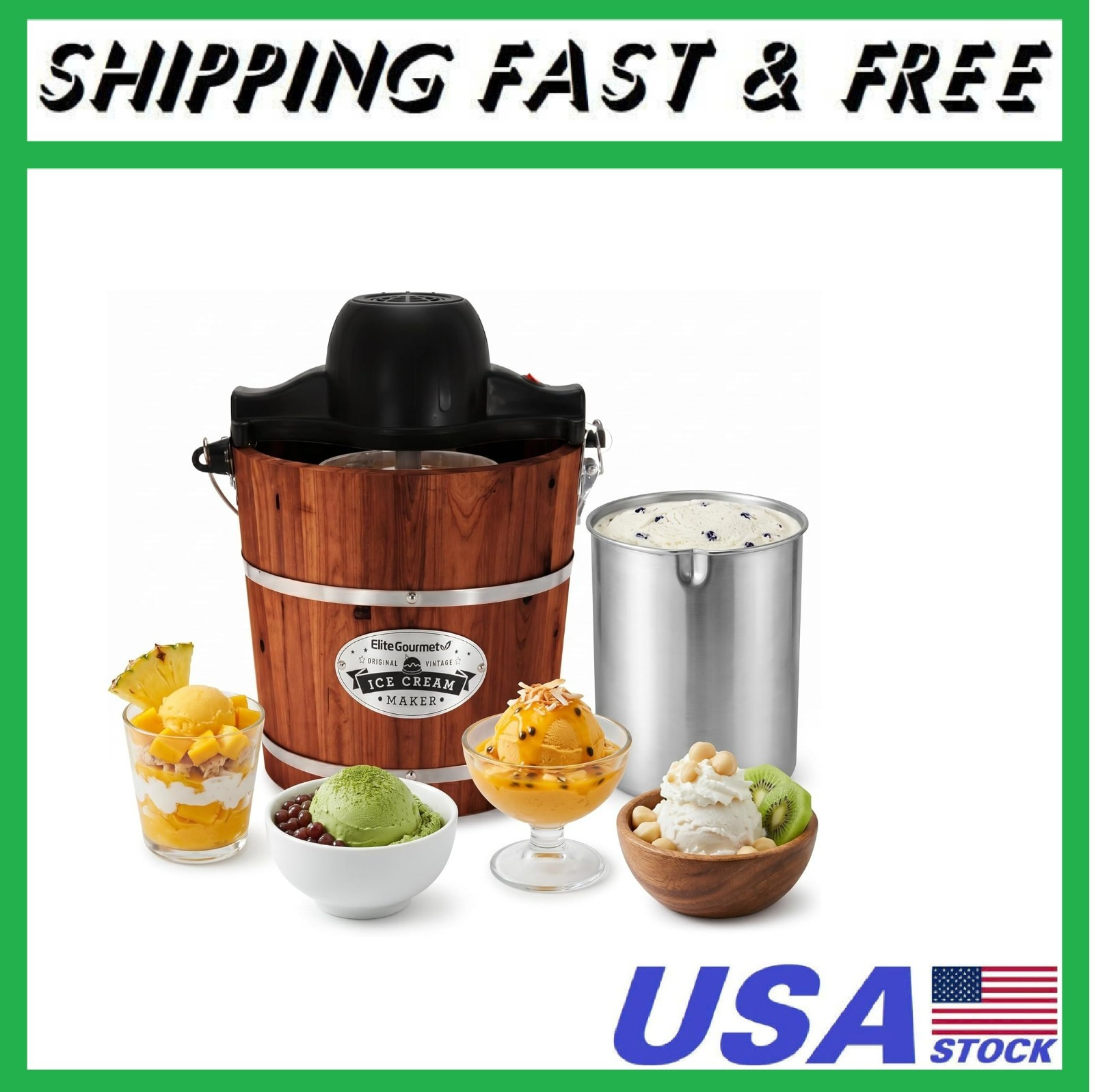 EIM418 Old Fashioned 4 Quart Vintage Walnut Wood Bucket, Electric Ice Cream